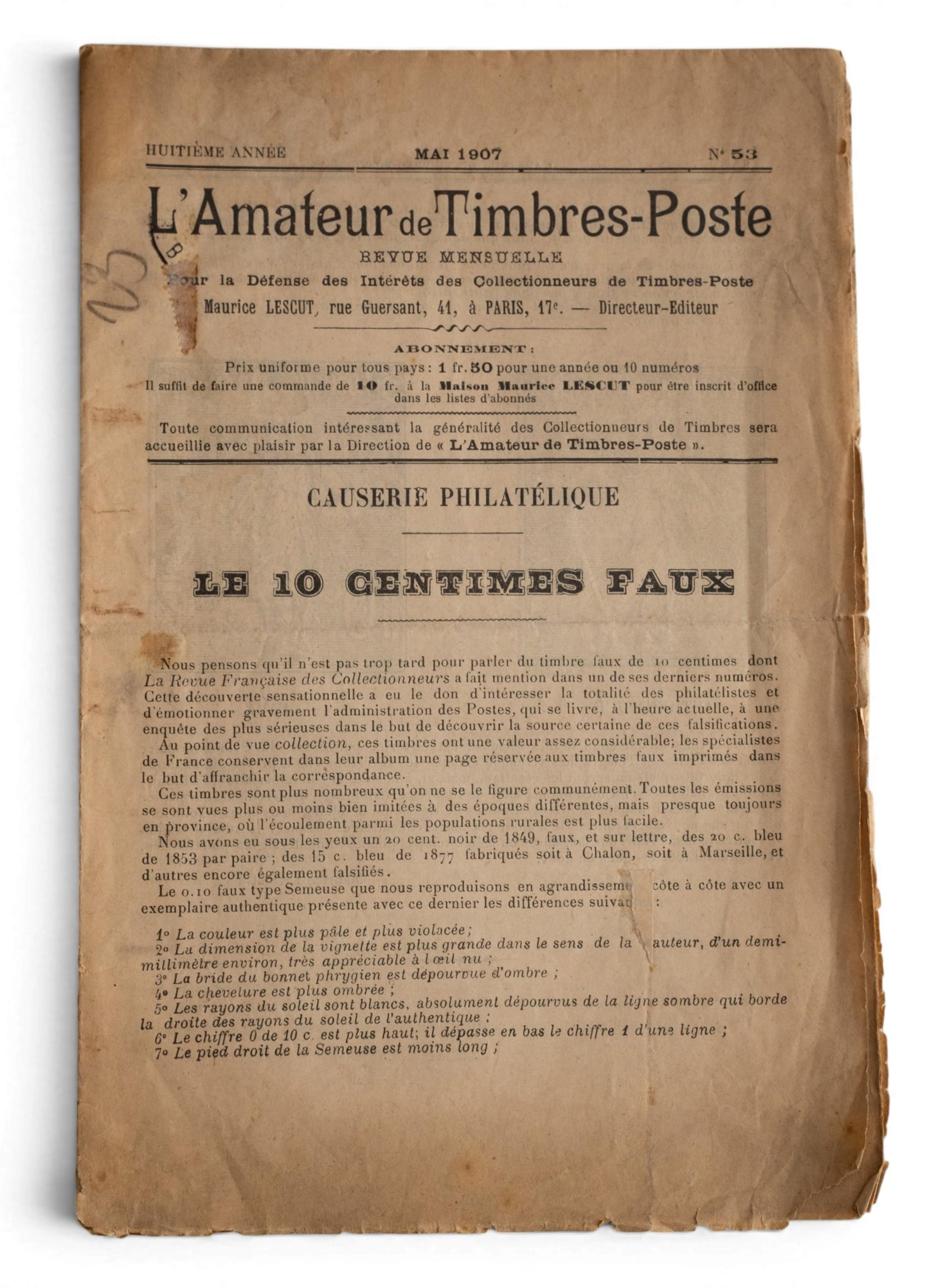 No Reserve- 1907 French Philatelic Journals L’Amateur de Timbres-Poste, Two Issues - 2