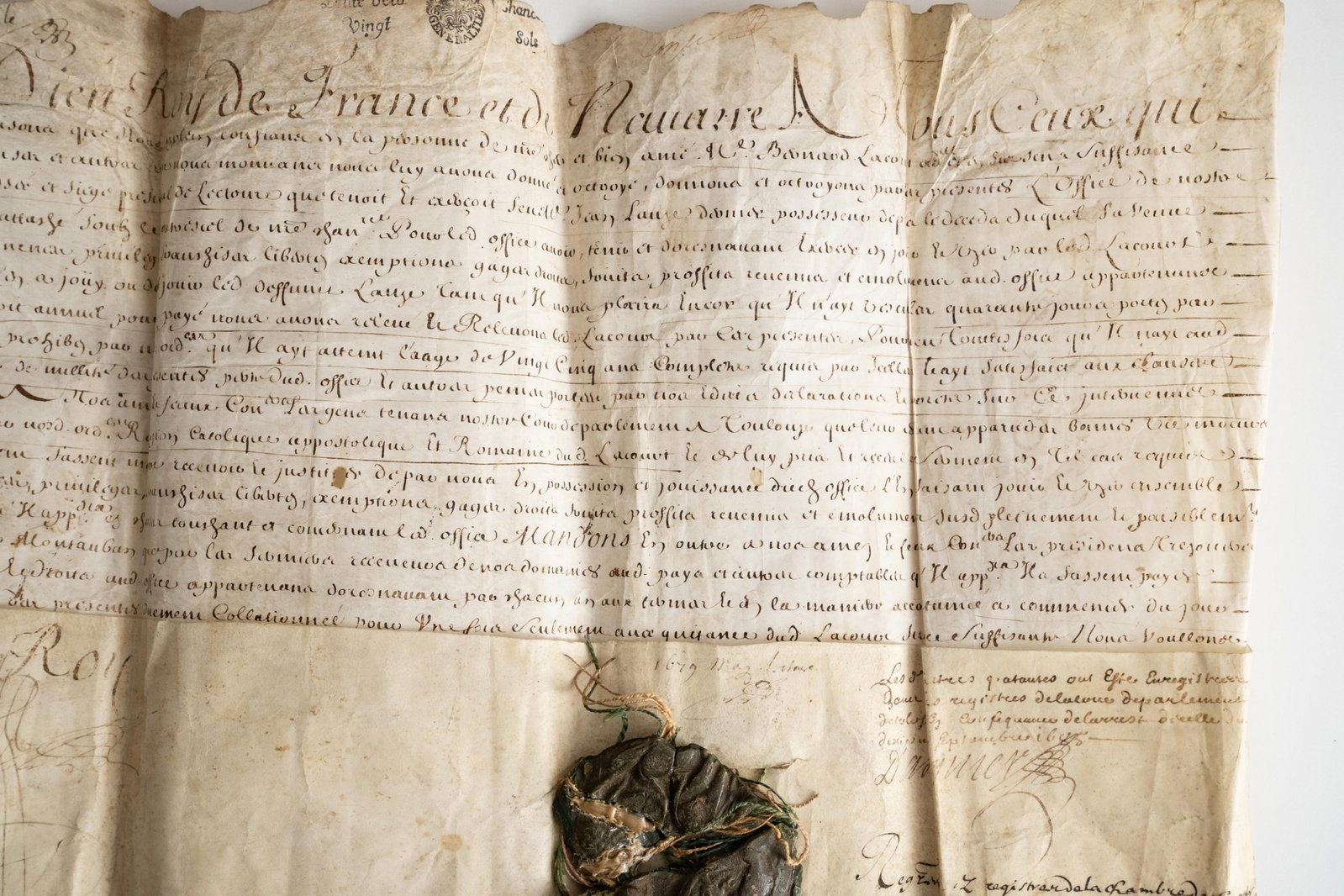 No Reserve- 1679 Signed French Royal Letters Patent, Louis XIV Era, Wax Seal - 4