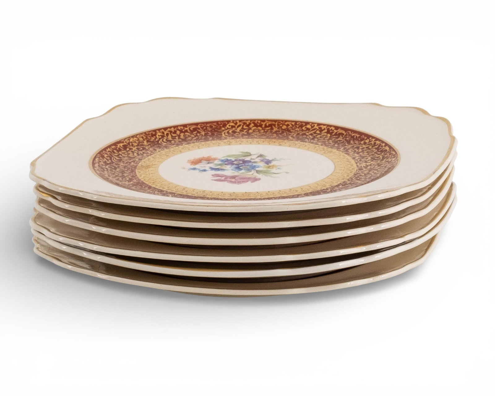 No Reserve- Set of Six Dresden Duchess Pattern Porcelain Bread and Butter Plates with 22K Gold Trim - 7