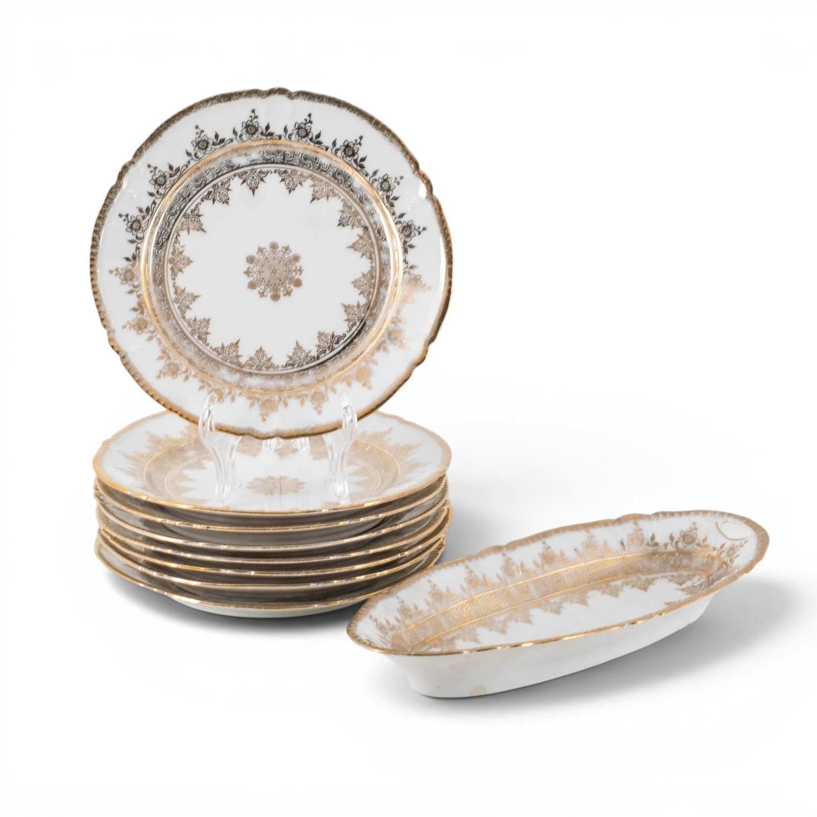 No Reserve- Gilt Porcelain Dessert Plates And Serving Dish Group (1 of 6)