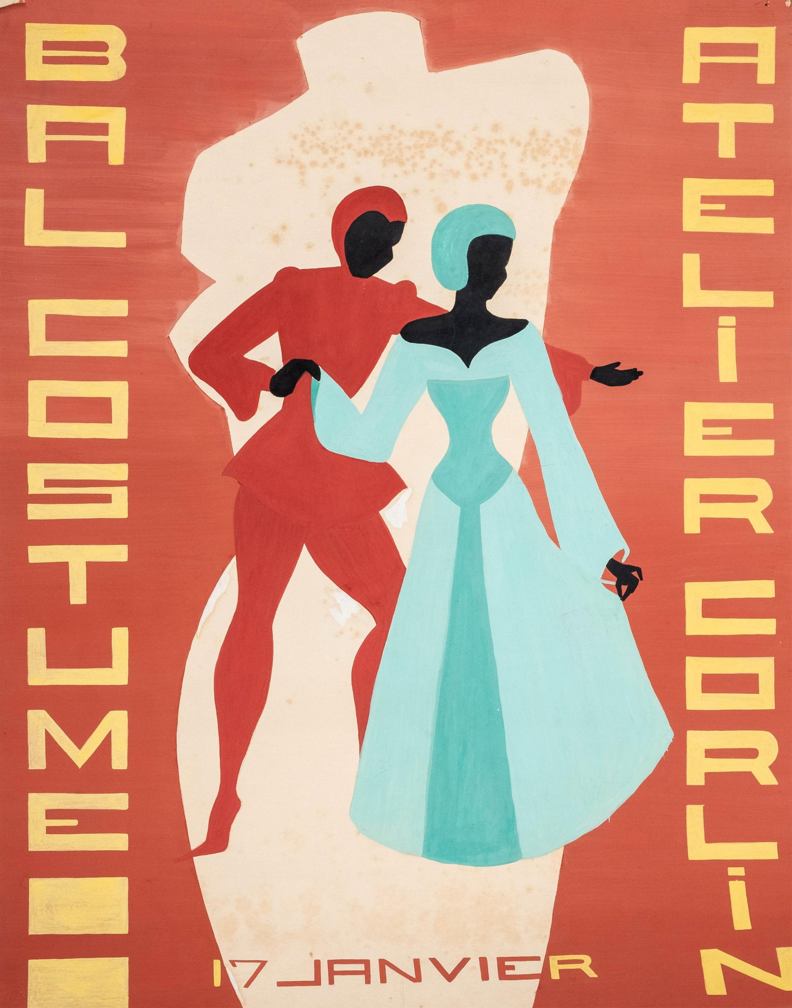 No Reserve- French Art Deco Bal Costume Atelier Colin Gouache Poster Design Painting: Keywords: Decorative Arts, Paris, Costume Ball, Fashion, Theatrical, Masquerade, Graphic Design, Typography, Illustration, Modernist, Red, Yellow, Turquoise, Figural, Hand-Painted, Poster Maquette, De