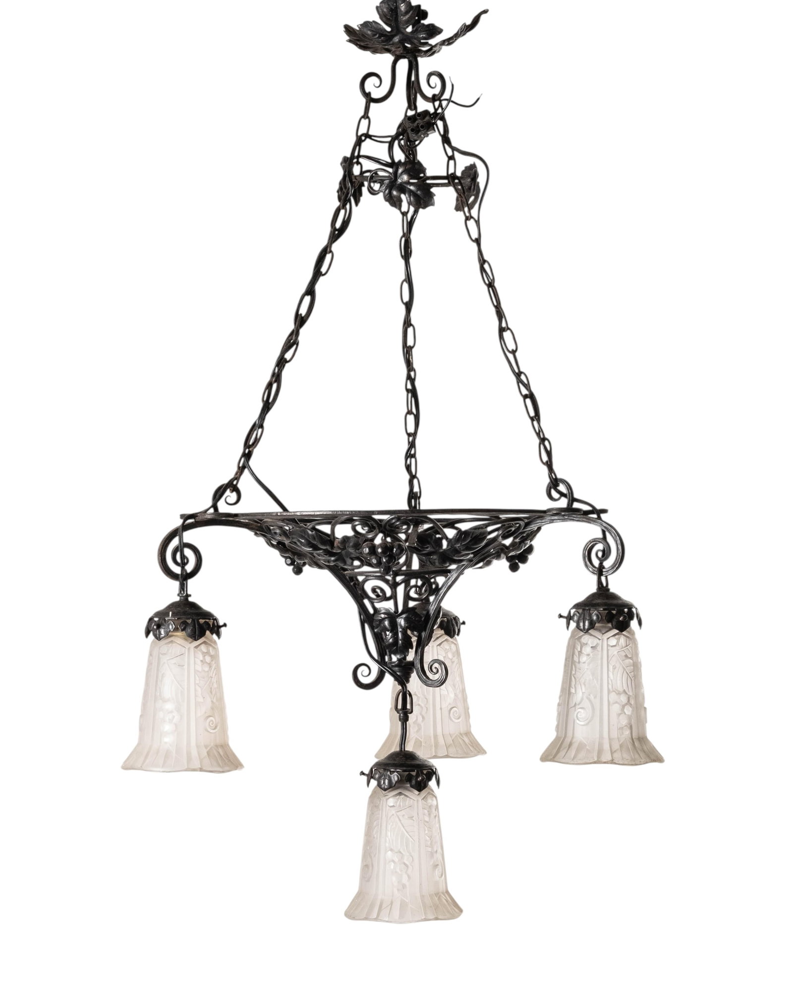 No Reserve- Maynadier, Signed Art Deco Wrought Iron Chandelier with Molded Art Glass Shades Height: - 2