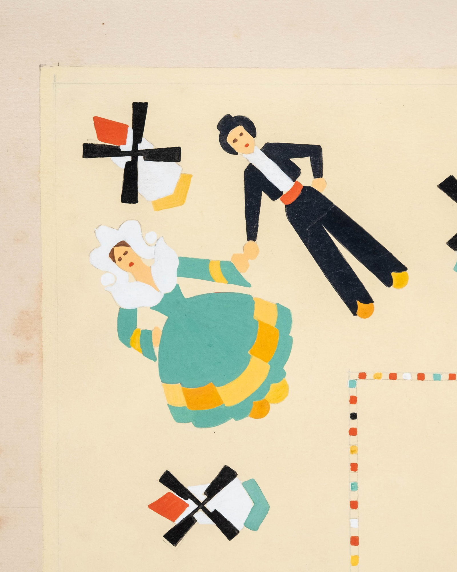 No Reserve- French Art Deco Folk Dance Gouache Textile Design Painting - 3