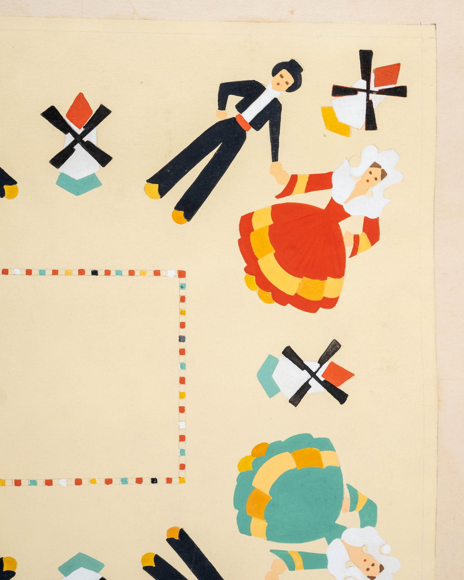No Reserve- French Art Deco Folk Dance Gouache Textile Design Painting - 6