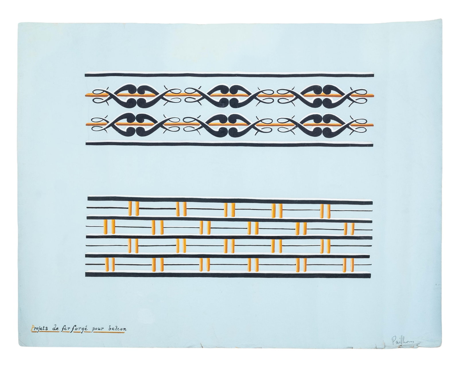 No Reserve- French Art Deco Signed Gouache Painting Wrought Iron Balcony Design - 3