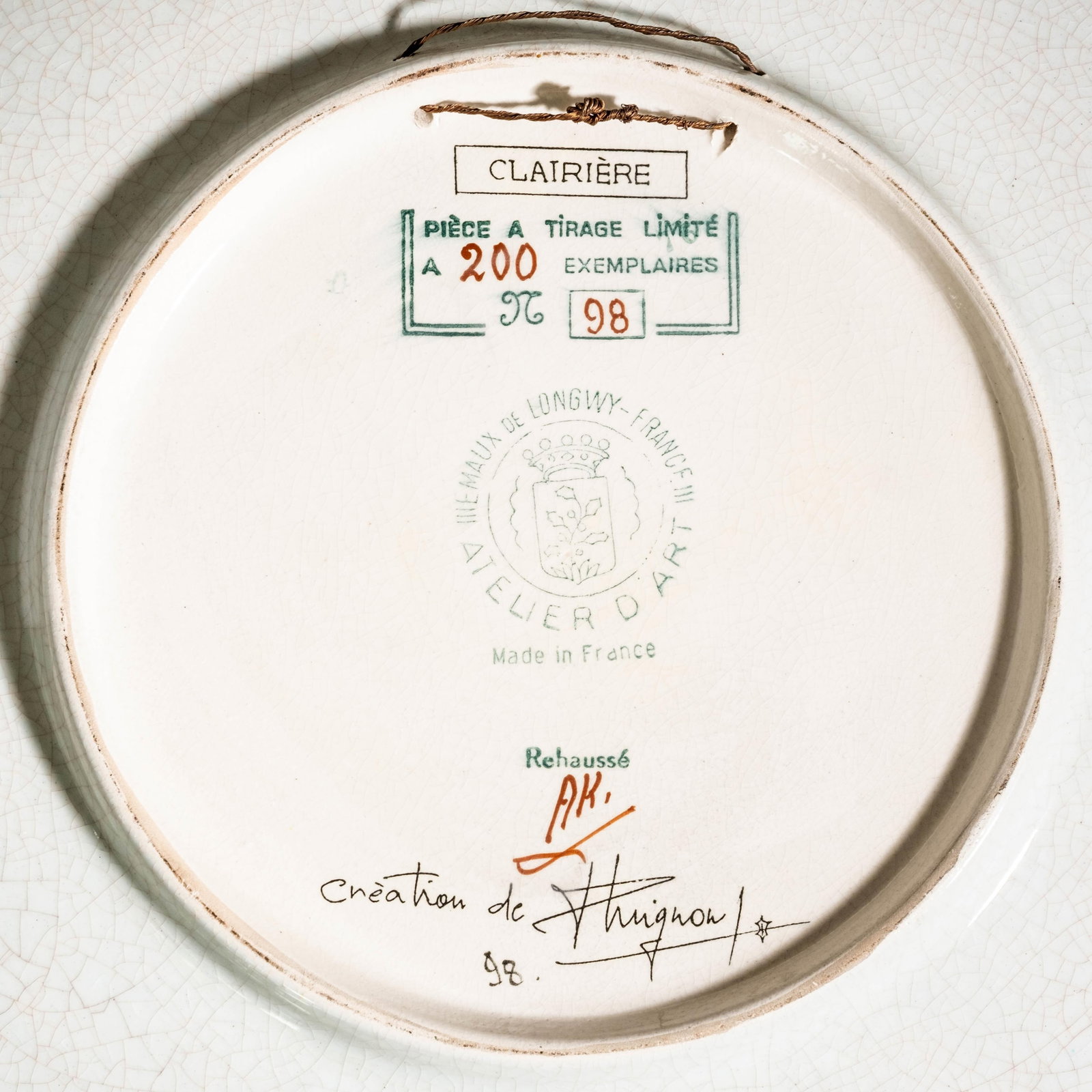 No Reserve- Longwy Artist signed 14 1/2 in Limited Edition “Clairiere" Enamel Charger 98/200 - 2
