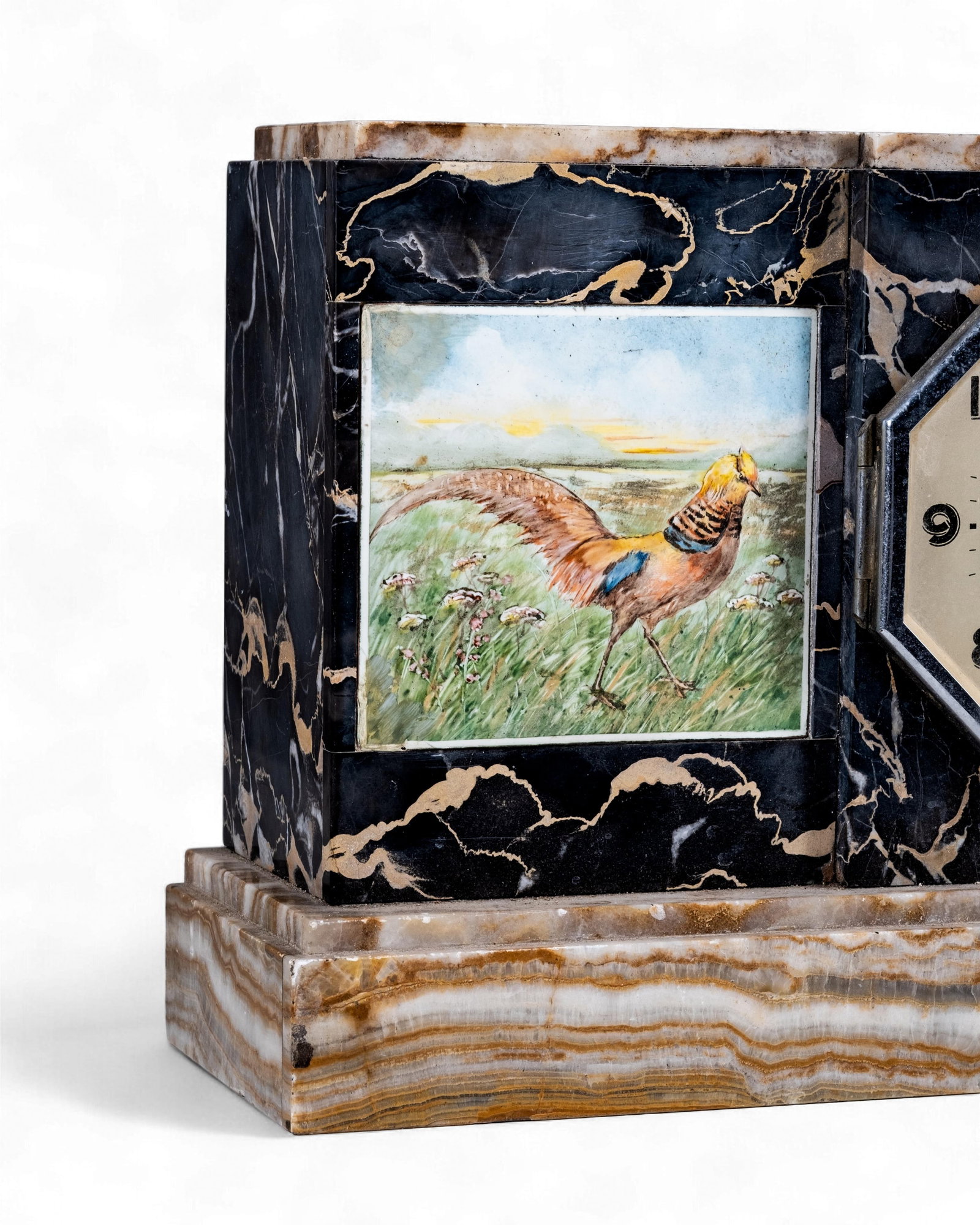 No Reserve- French, Fini Paris, Art Deco Marble Mantel Clock with Hand Painting - 7