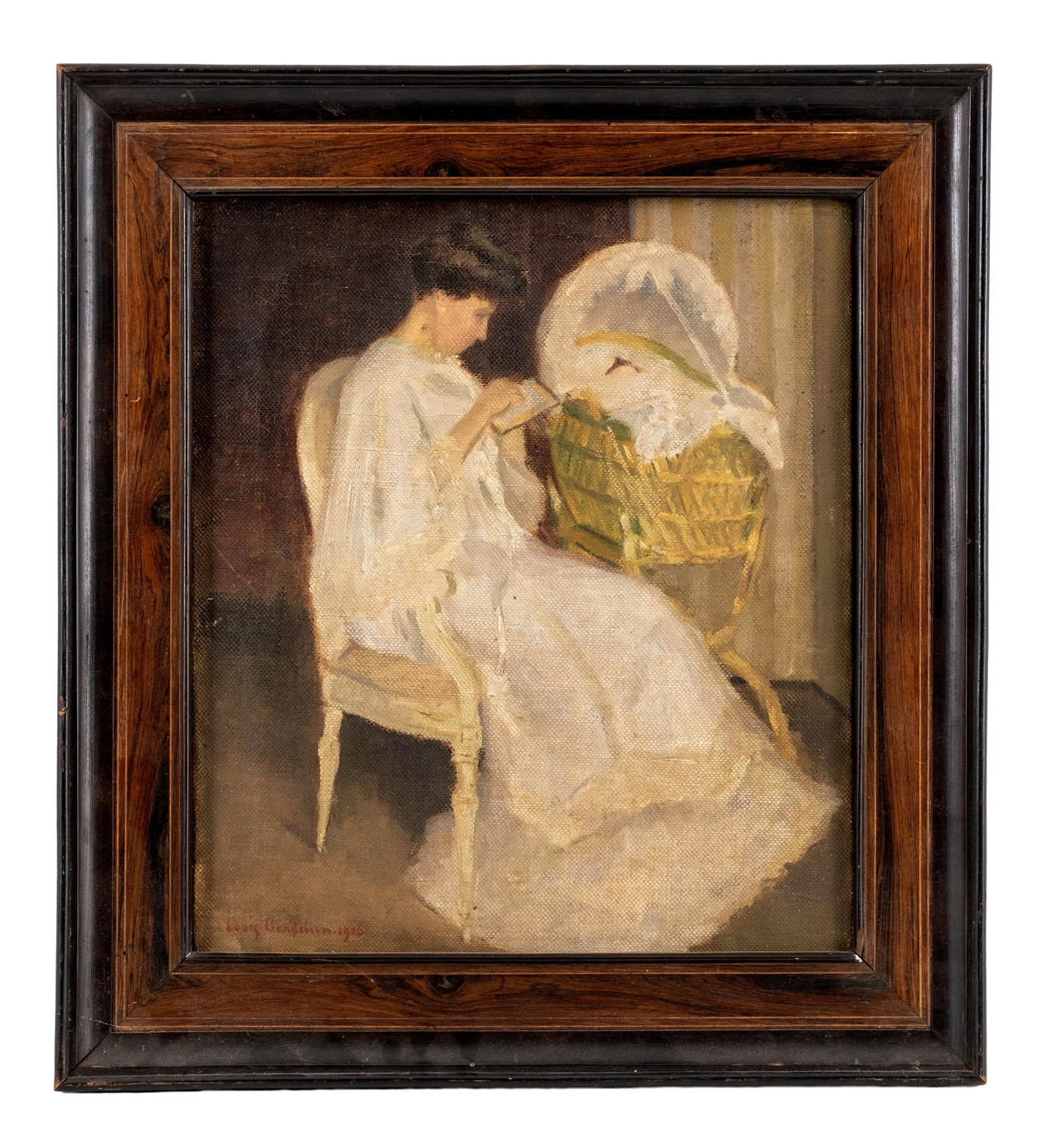 No Reserve- Signed Louis Gendebien Oil on Canvas Painting, Mother and Bassinet, 1906 - 2