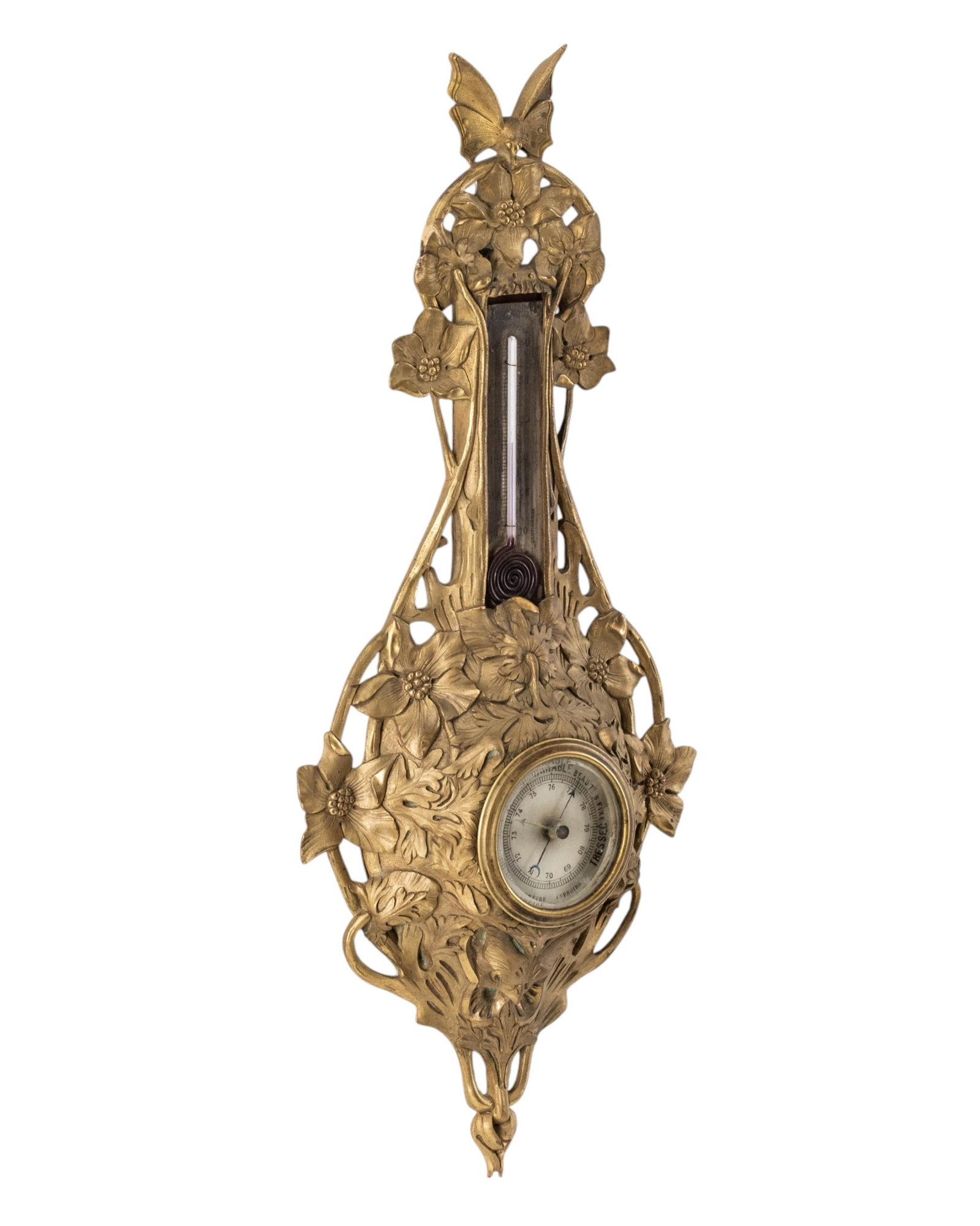No Reserve- Art Nouveau Gilt Bronze Barometer With Butterfly Decoration - 6