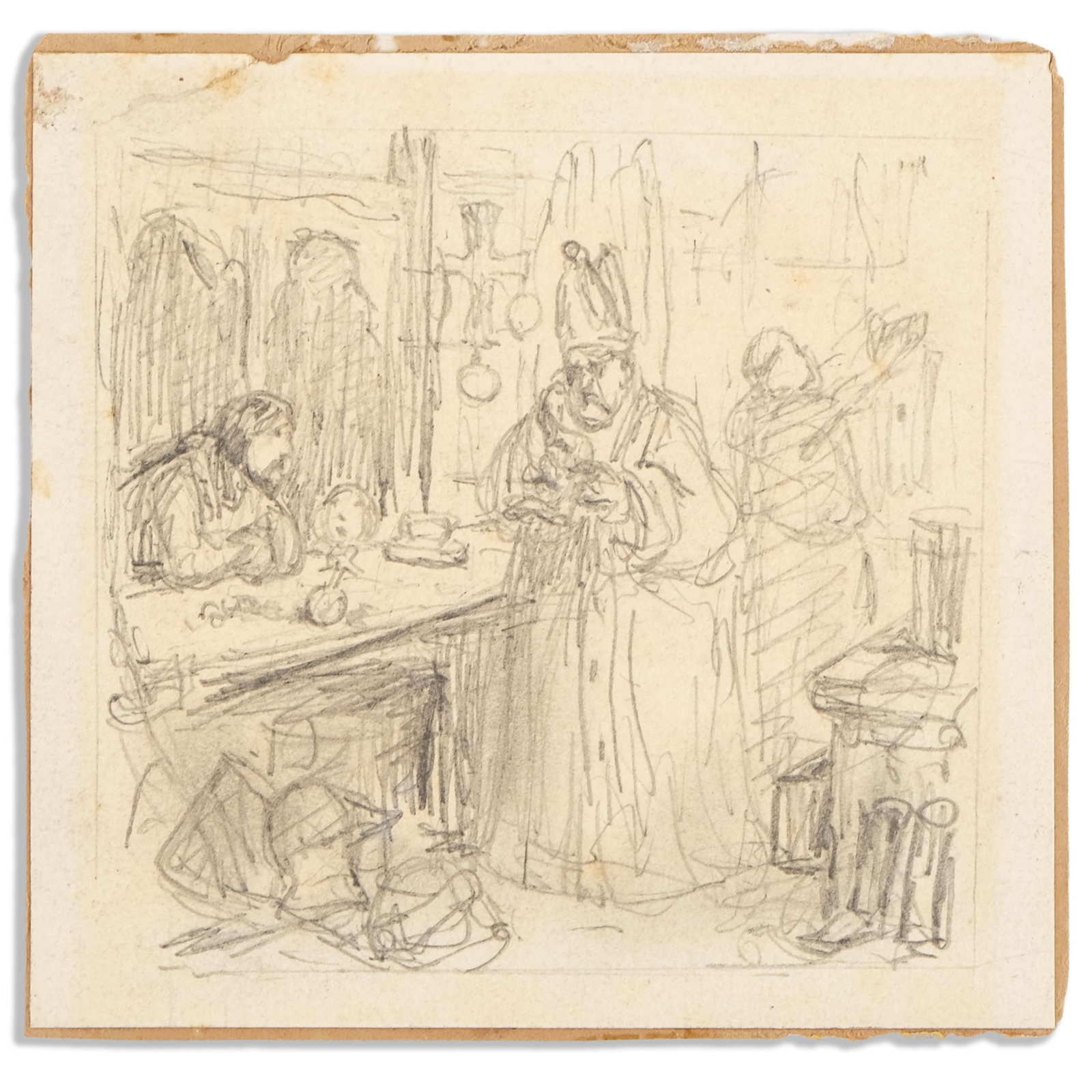 No Reserve- Graphite drawing late 18th-19th century with Cleric and Figures - 2
