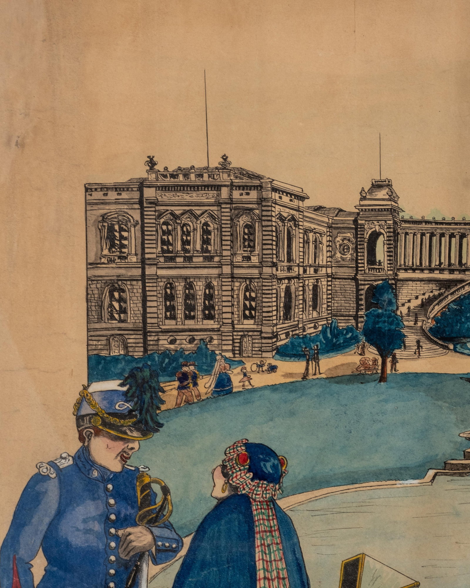 No Reserve- French Longchamp Palace Surrealistic Scene Watercolor Painting, Signed and Dated 1911 - 7