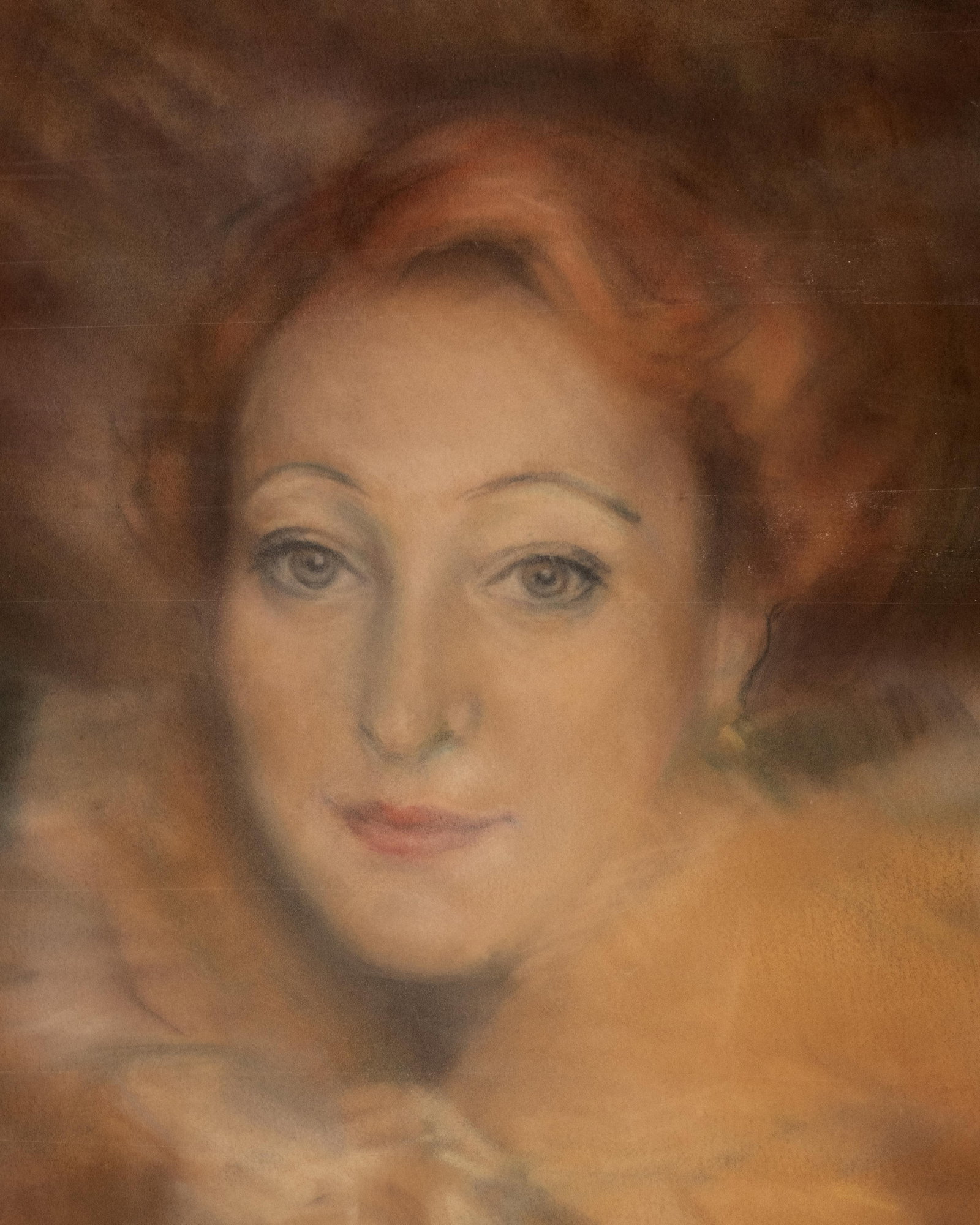 No Reserve- Signed illeg. 20th Century Painting of a Woman With a Fox Fur Wrap, Pastel on Paper - 2