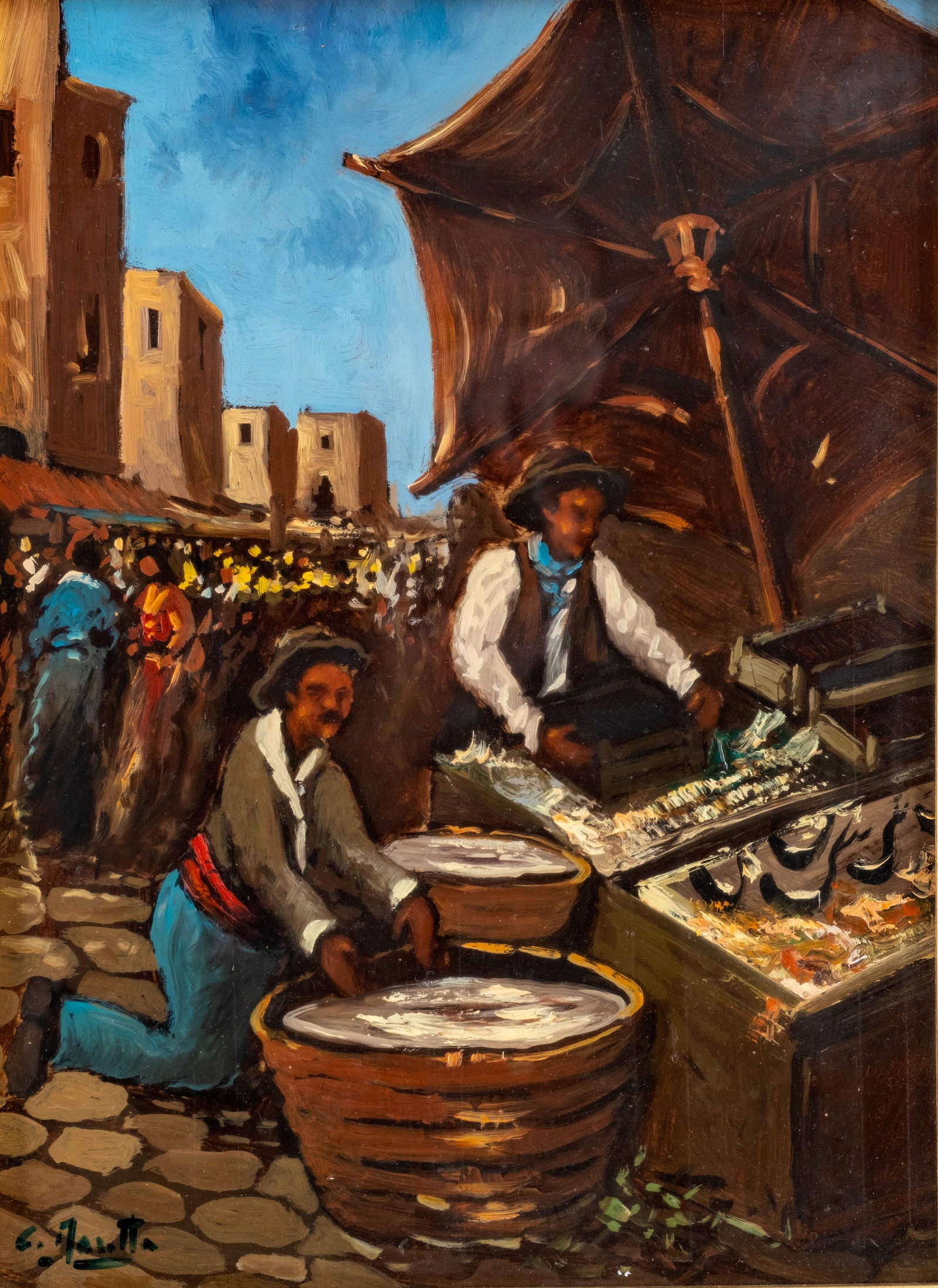 No Reserve- C. Marotta, European, C. 1900, Market Scene Oil Painting, Signed - 2