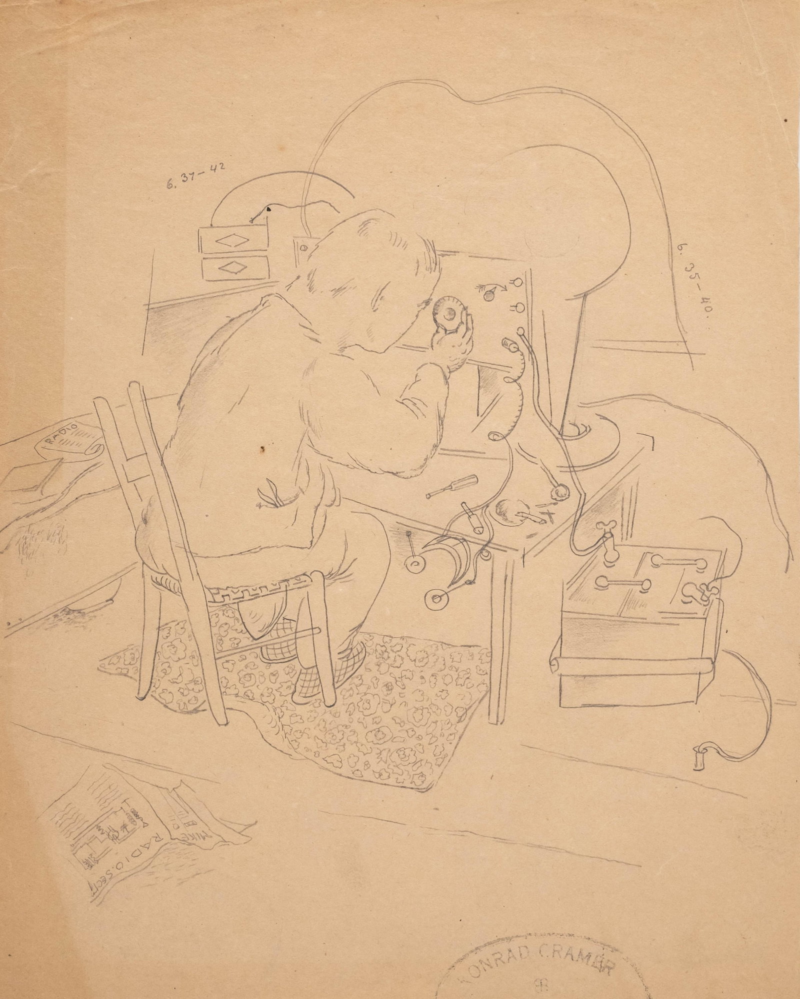 No Reserve- Konrad Cramer Studio-Stamped ‘Radio Repairman’ Pencil Drawing (1 of 8)