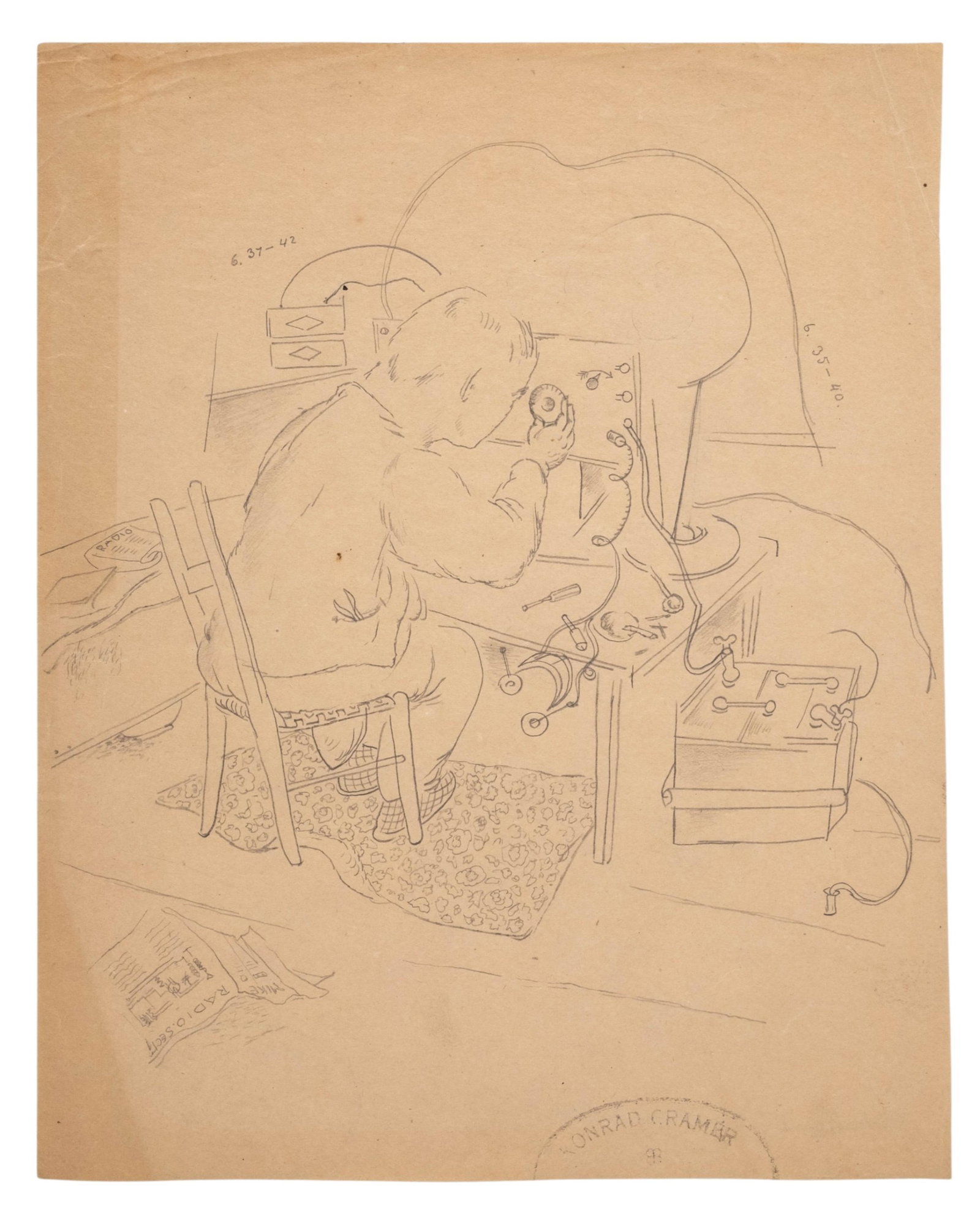 No Reserve- Konrad Cramer Studio-Stamped ‘Radio Repairman’ Pencil Drawing - 2