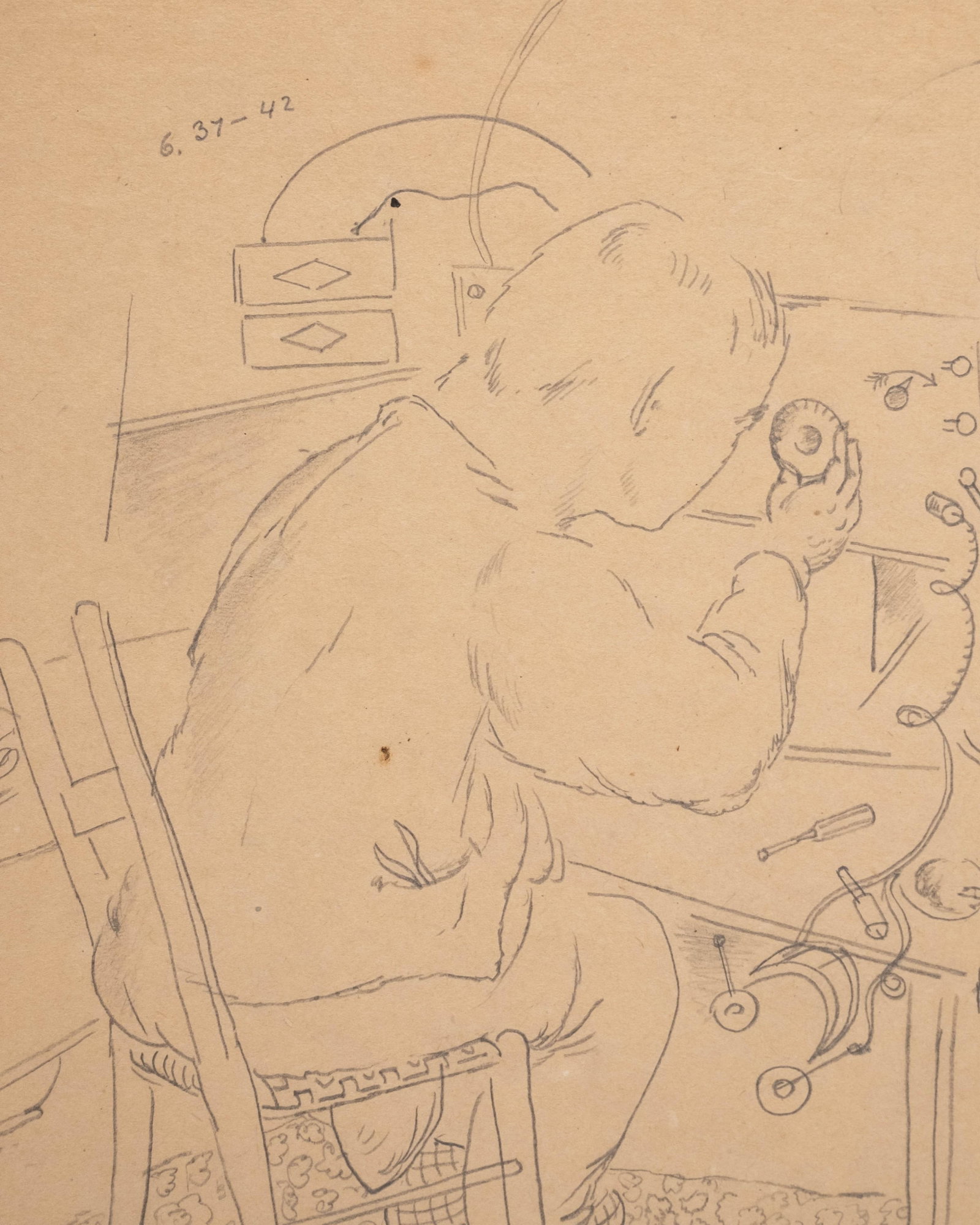 No Reserve- Konrad Cramer Studio-Stamped ‘Radio Repairman’ Pencil Drawing - 4