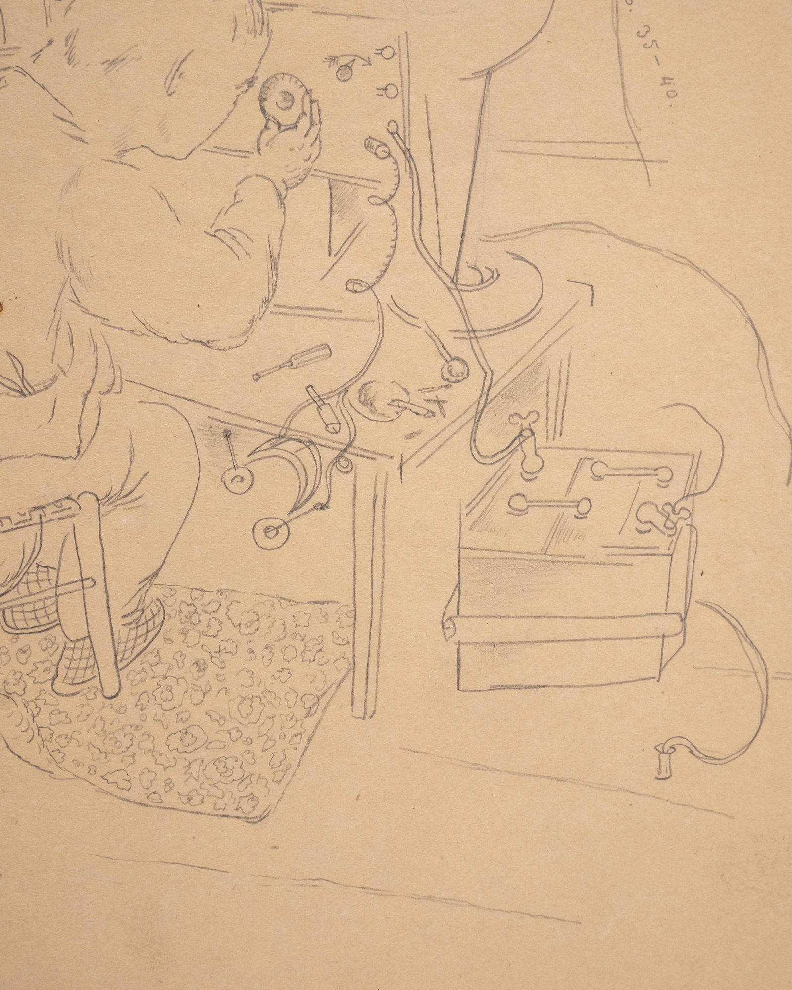 No Reserve- Konrad Cramer Studio-Stamped ‘Radio Repairman’ Pencil Drawing - 5