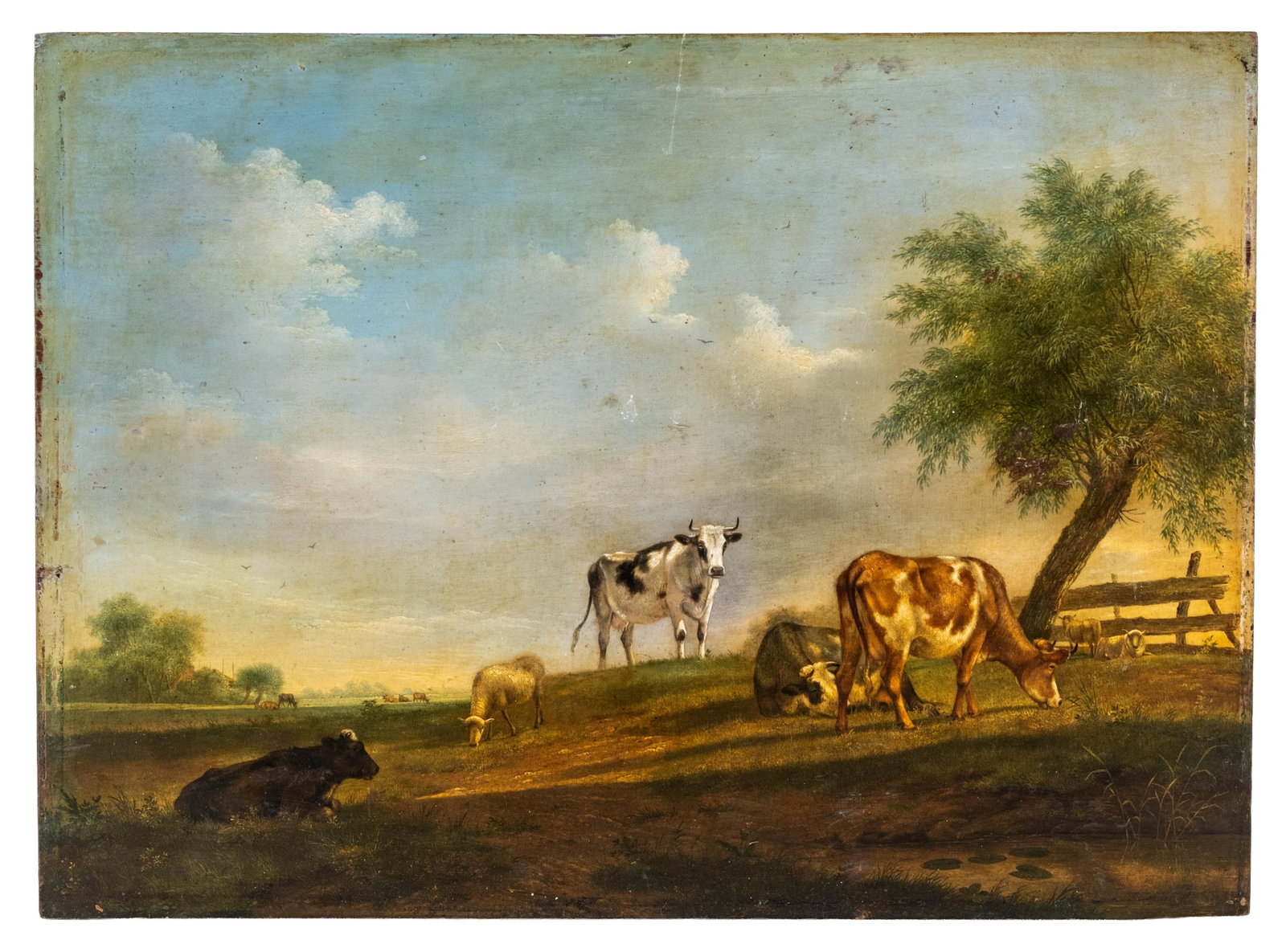 No Reserve- Flemish School, 19th Century Oil on Panel Painting, Cows in a Pasture - 3