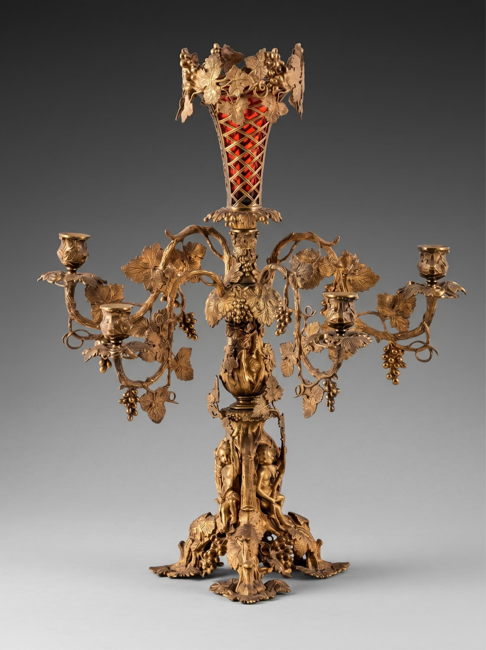 No Reserve- 19th Century 25-inch French Gilt Bronze Figural Four-Light Candelabra With Cranberry (1 of 8)