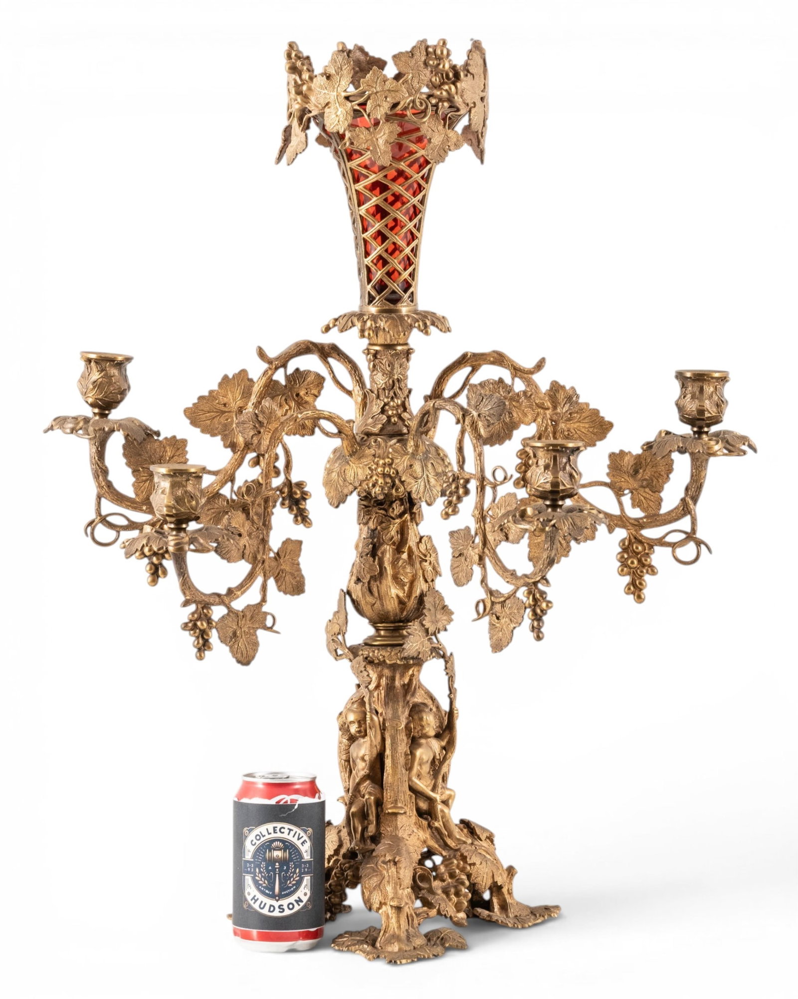 No Reserve- 19th Century 25-inch French Gilt Bronze Figural Four-Light Candelabra With Cranberry - 3