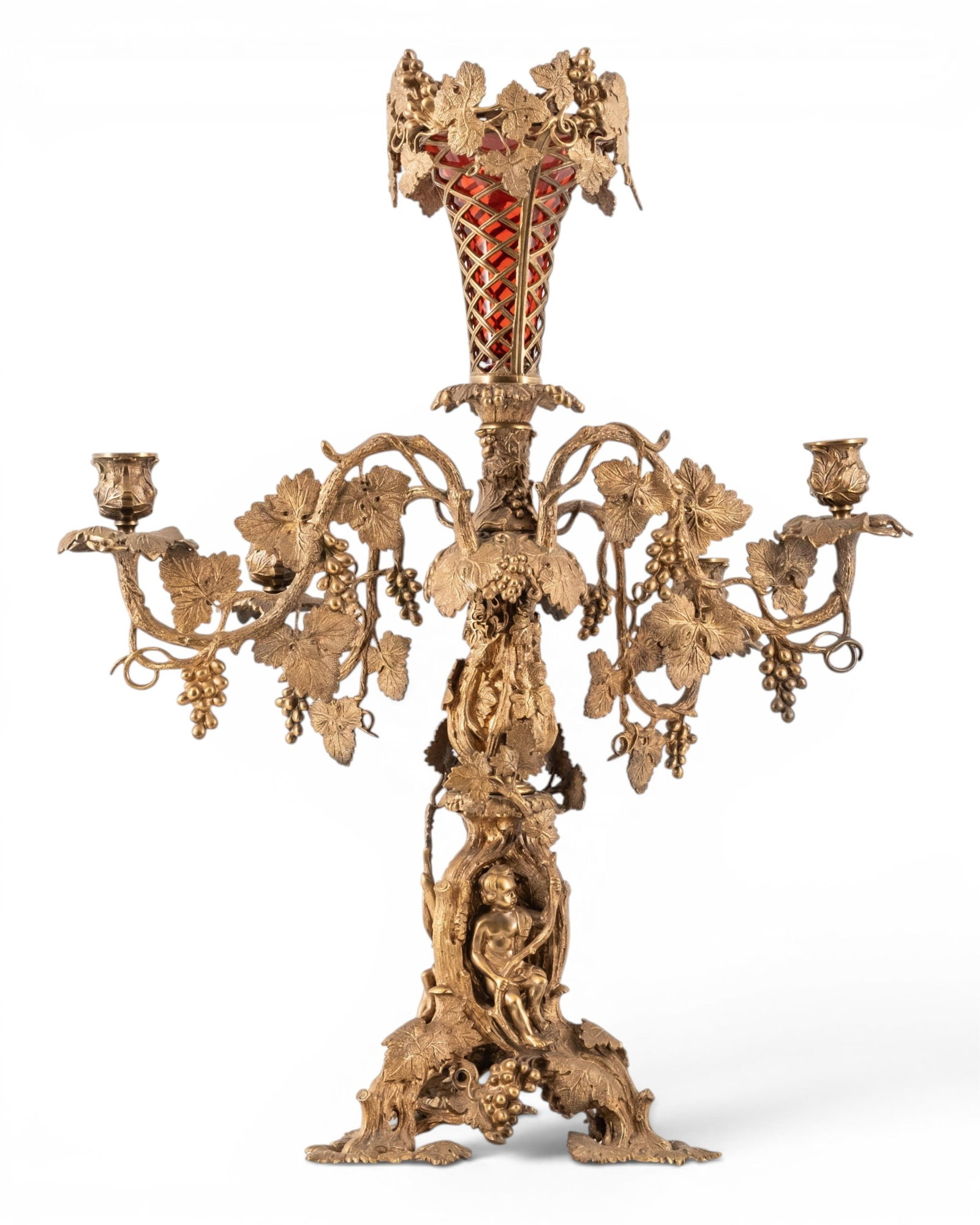 No Reserve- 19th Century 25-inch French Gilt Bronze Figural Four-Light Candelabra With Cranberry - 8