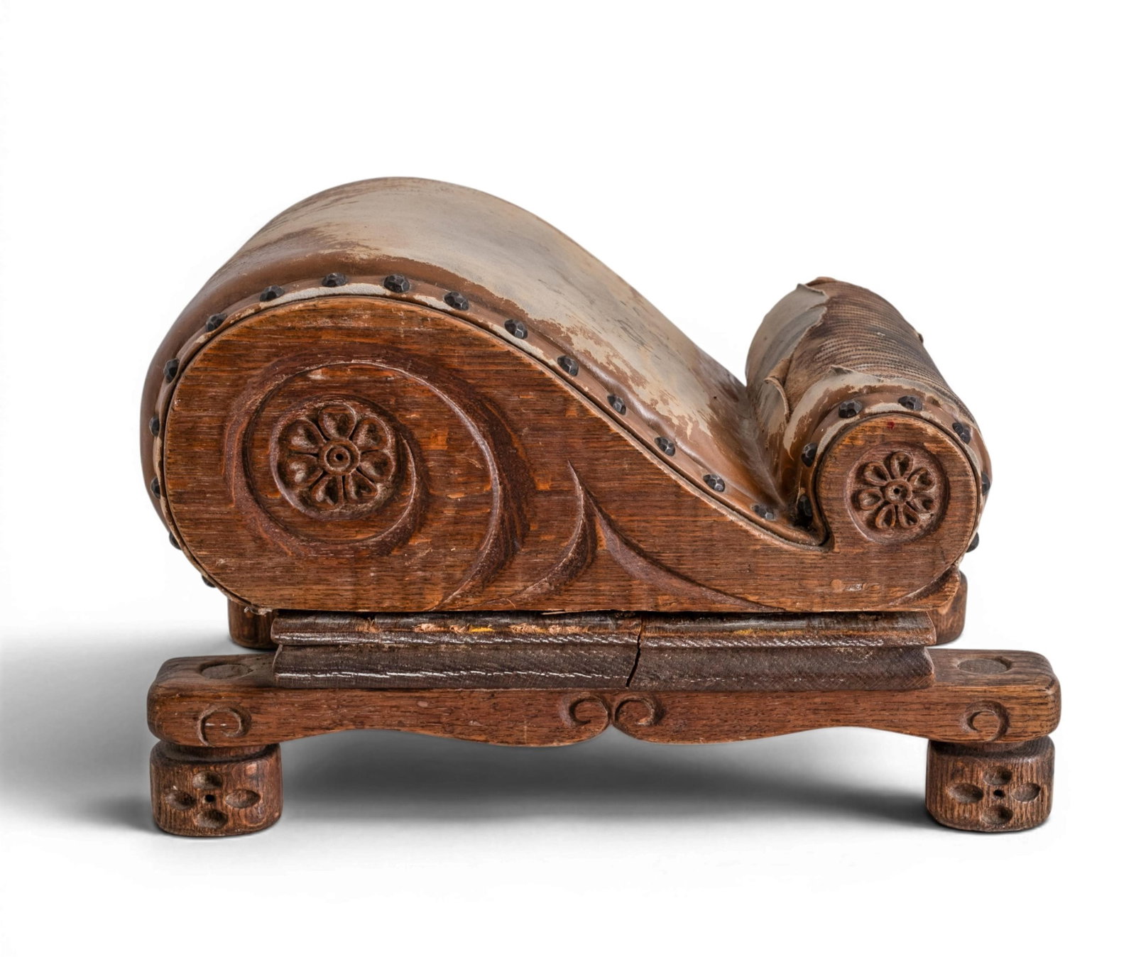 No Reserve- Antique Carved Oak Chaise-Form Upholstered Footstool - 2