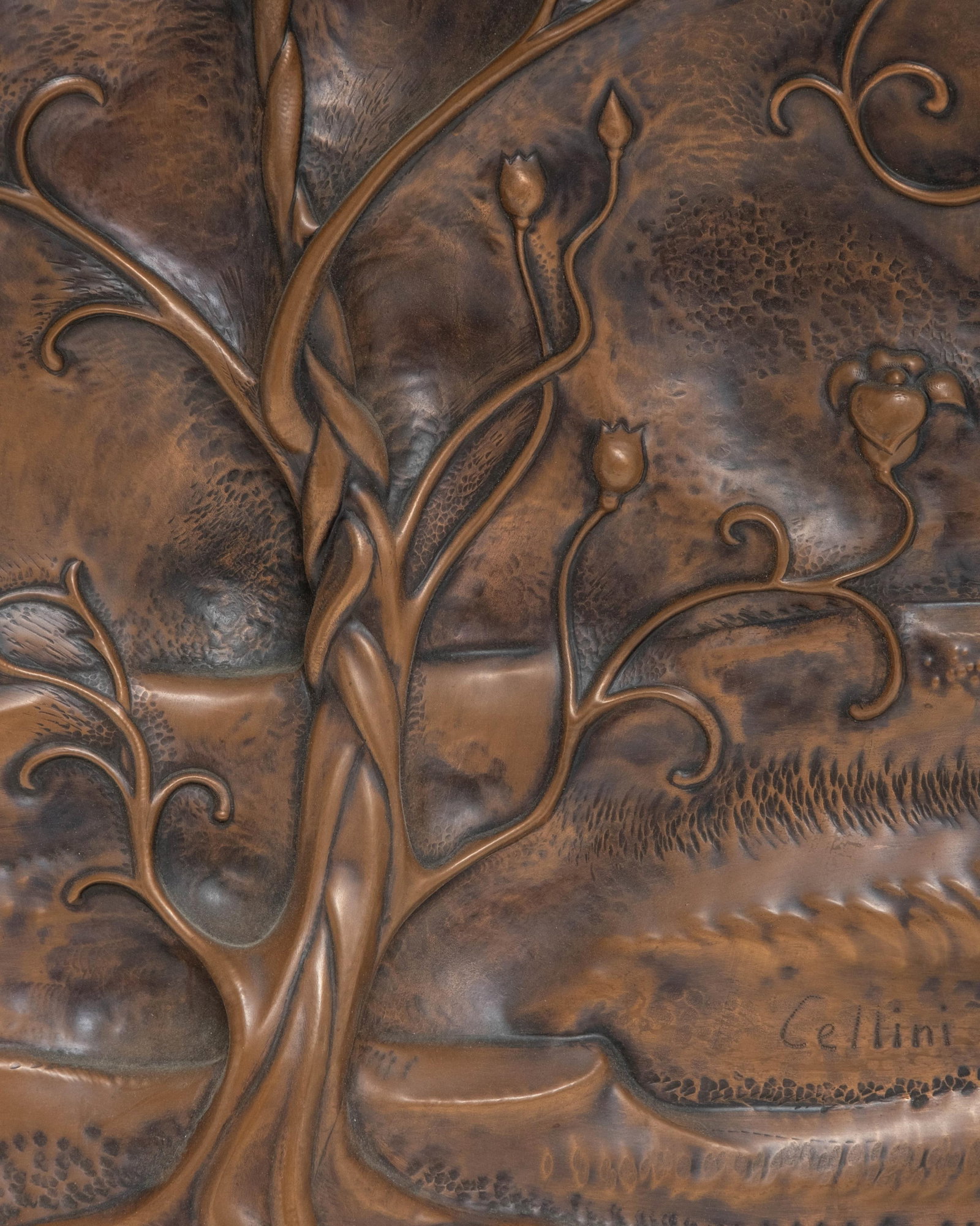 No Reserve- Studio Cellini Art Nouveau Repousse Italian Copper Relief Sculpture, Leda and the Swan - 13