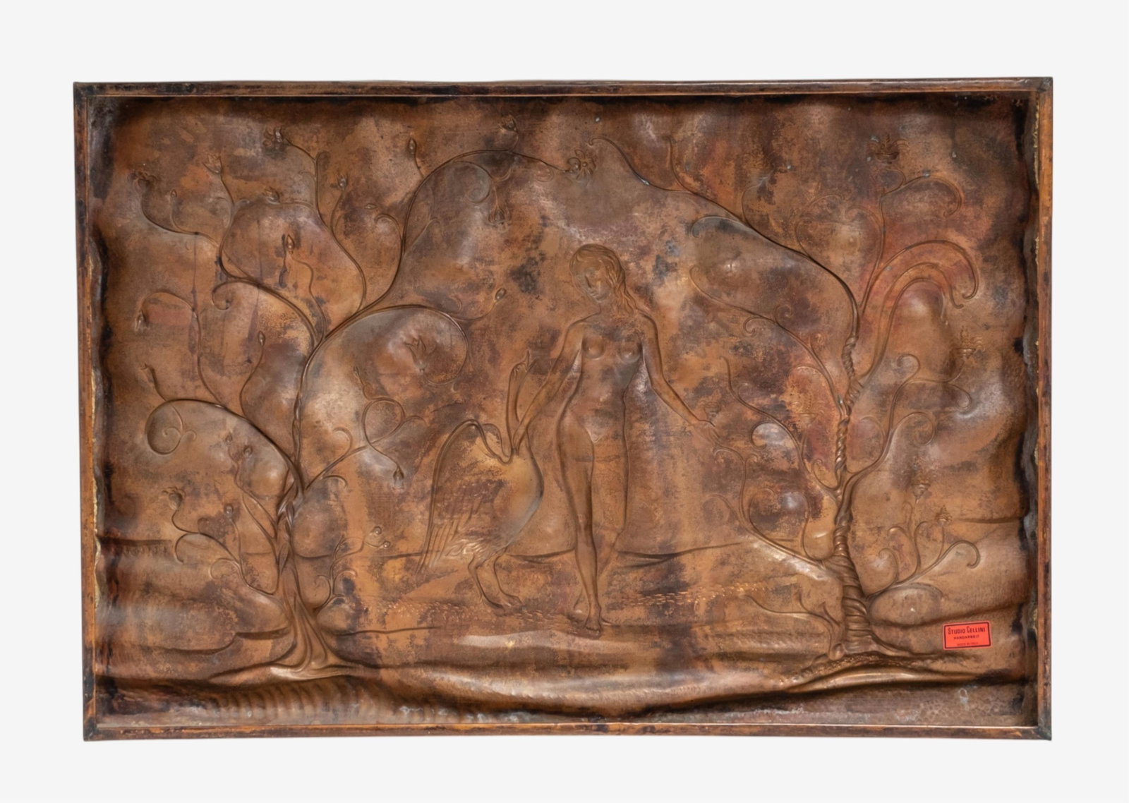 No Reserve- Studio Cellini Art Nouveau Repousse Italian Copper Relief Sculpture, Leda and the Swan - 15