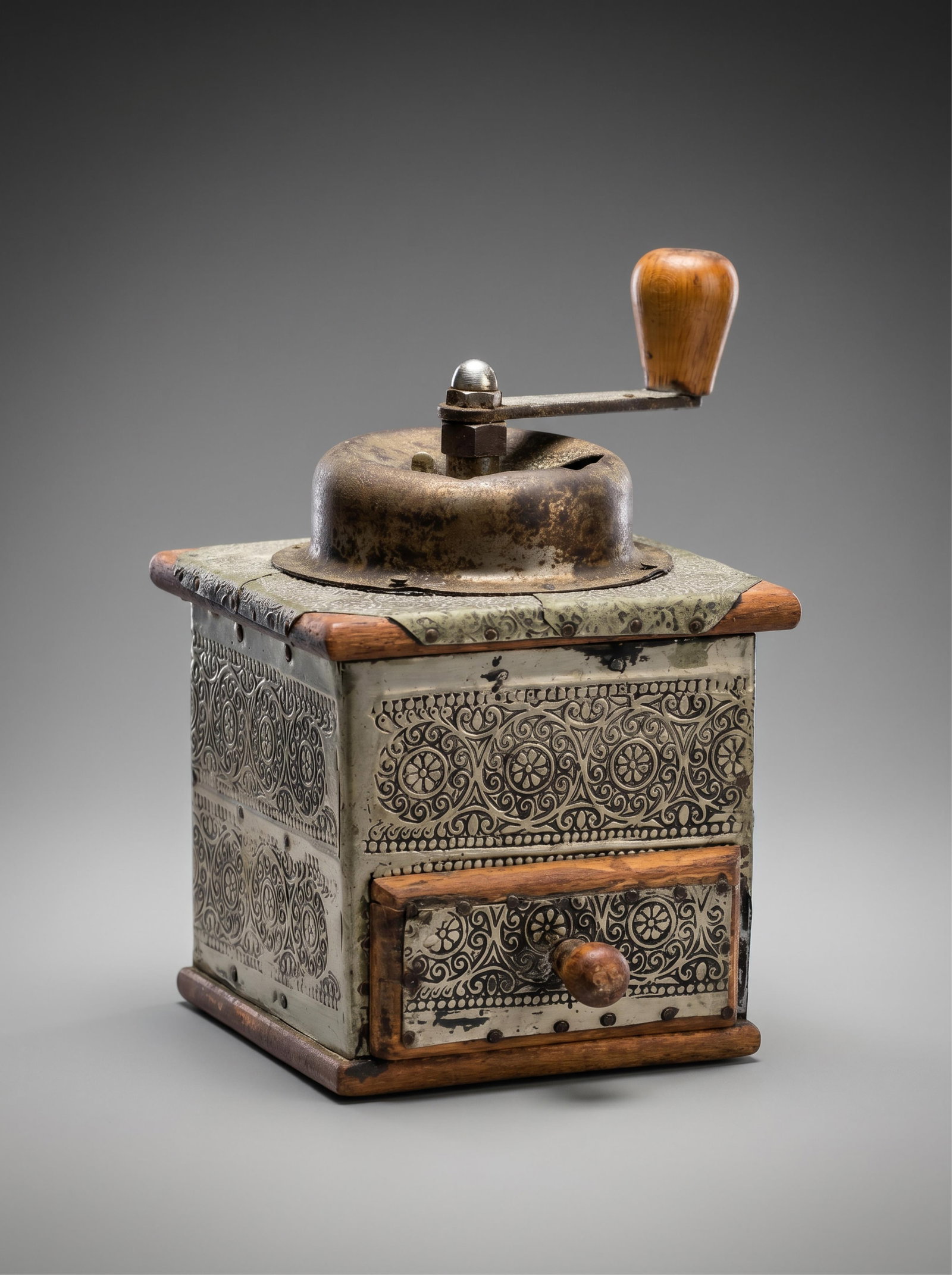 No Reserve- Coffee Grinder with Scrollwork Design Ornate Tin and Wood (1 of 12)