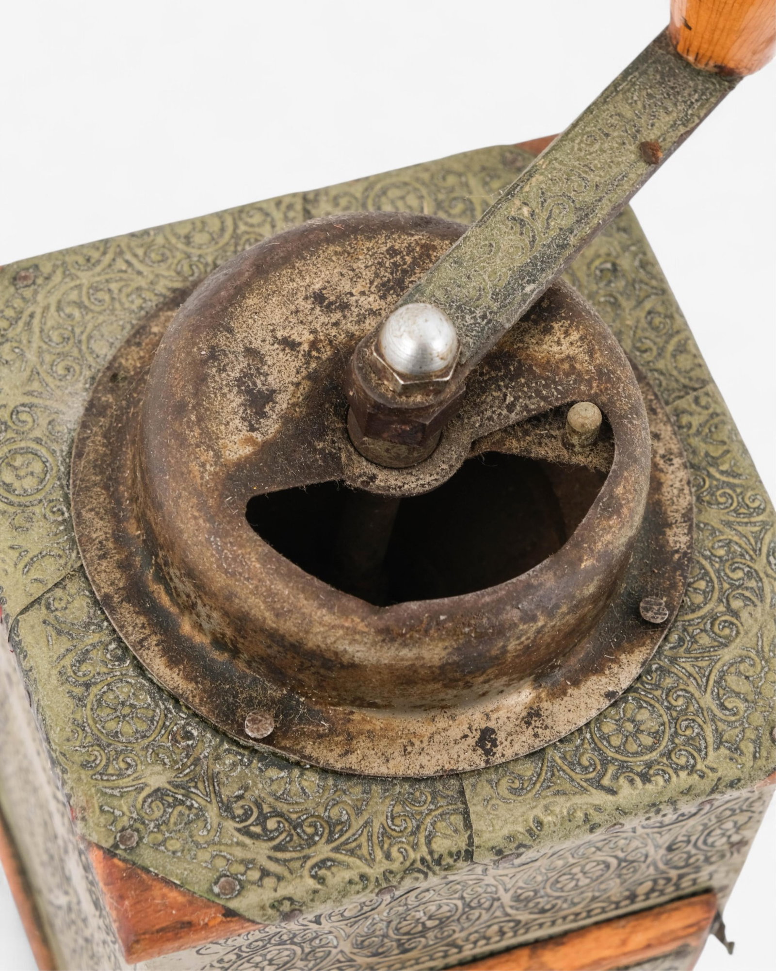 No Reserve- Coffee Grinder with Scrollwork Design Ornate Tin and Wood - 3