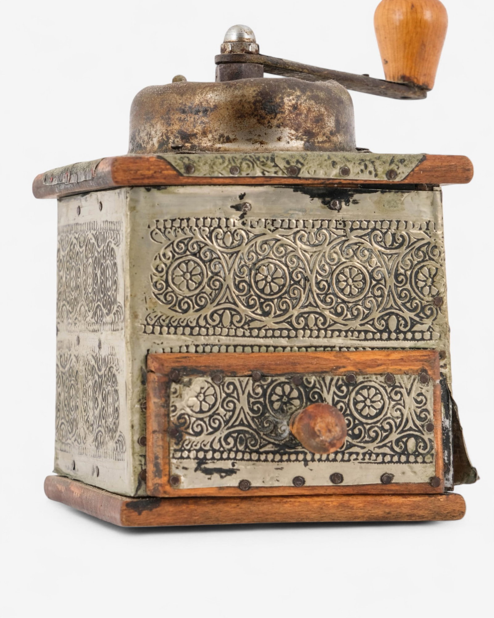 No Reserve- Coffee Grinder with Scrollwork Design Ornate Tin and Wood - 4