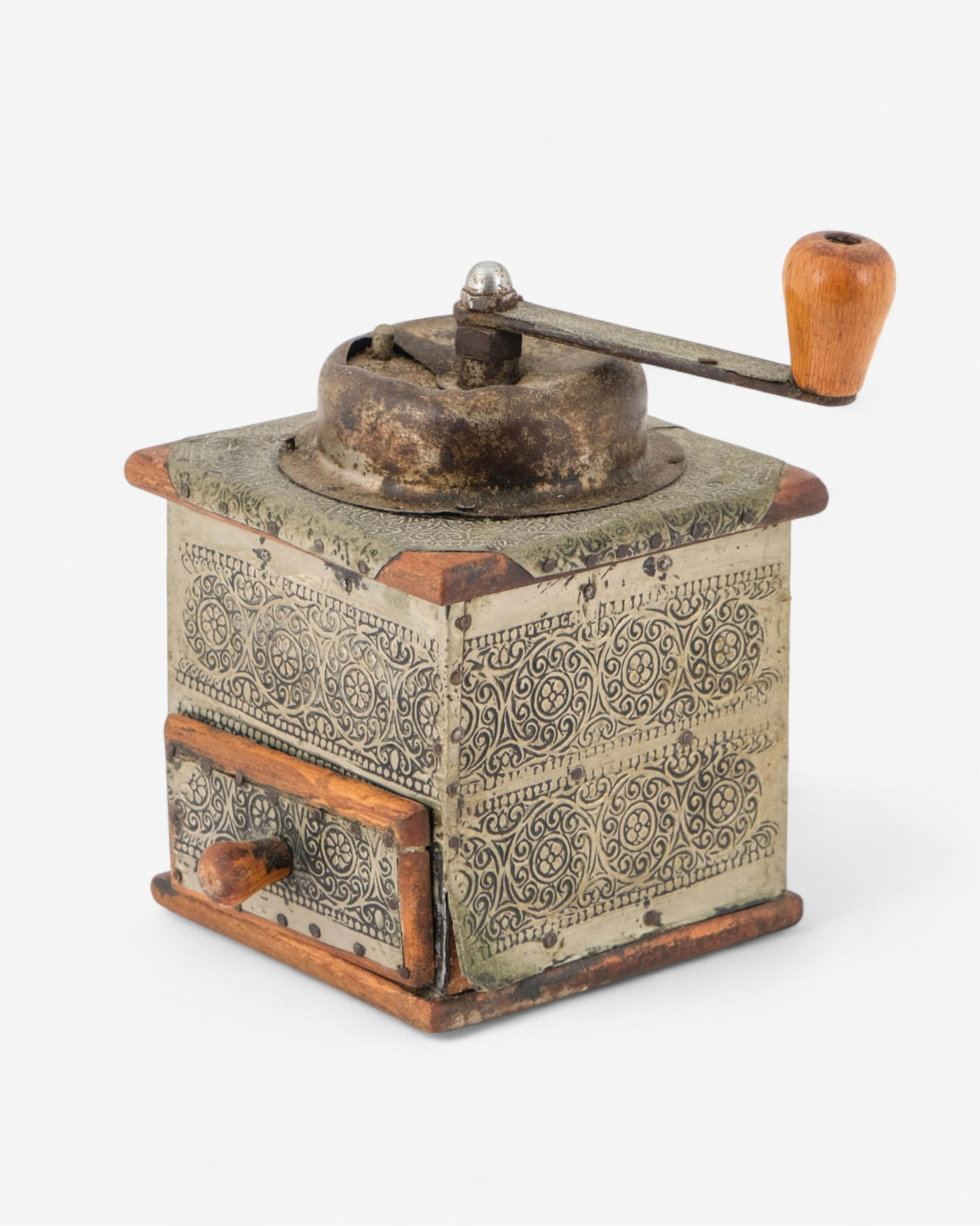 No Reserve- Coffee Grinder with Scrollwork Design Ornate Tin and Wood - 7
