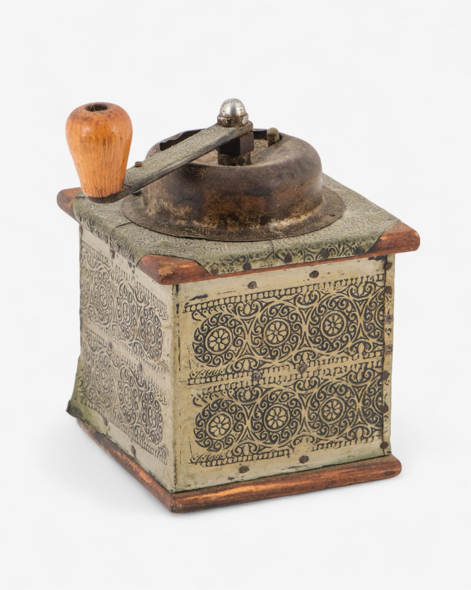 No Reserve- Coffee Grinder with Scrollwork Design Ornate Tin and Wood - 8