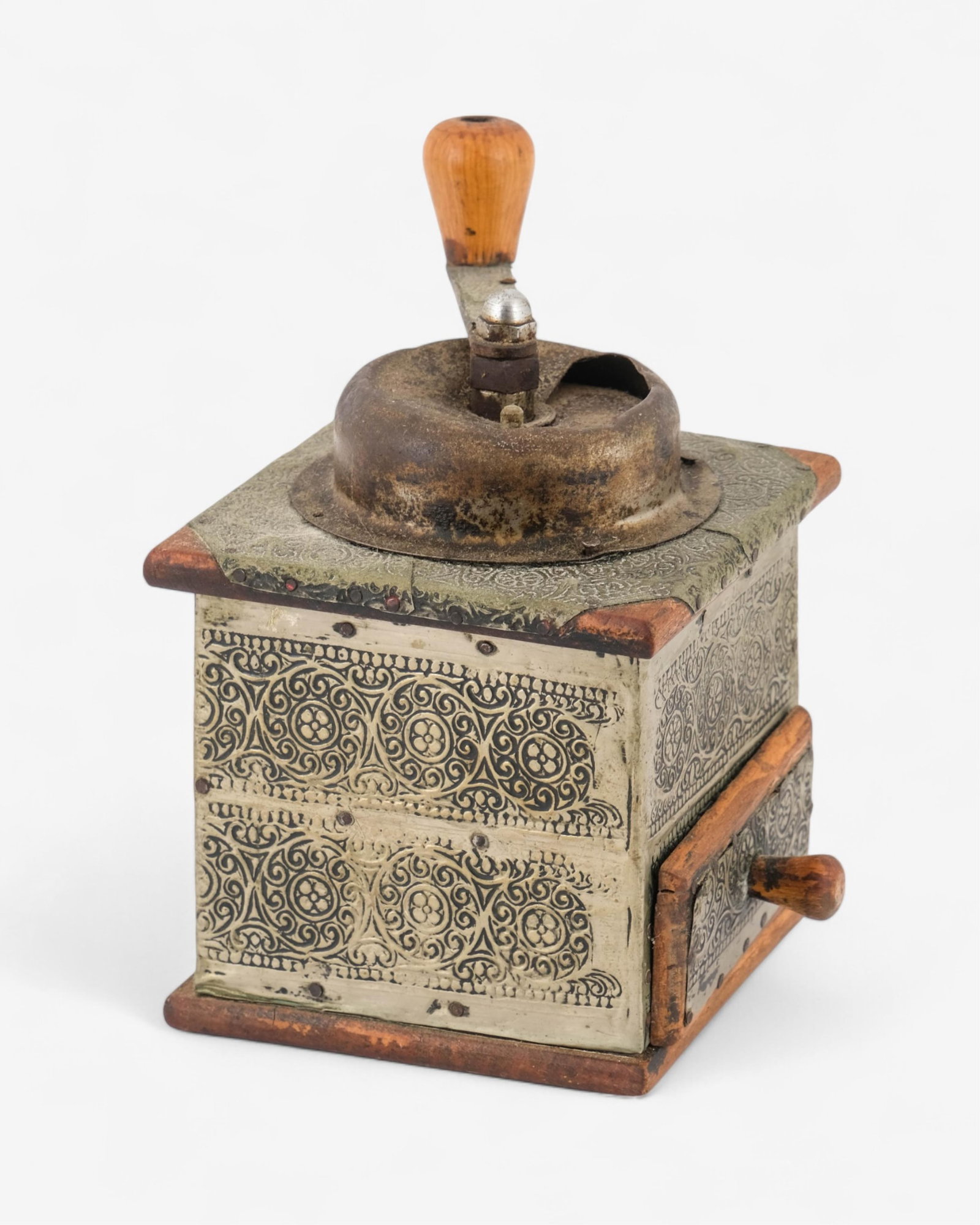 No Reserve- Coffee Grinder with Scrollwork Design Ornate Tin and Wood - 9