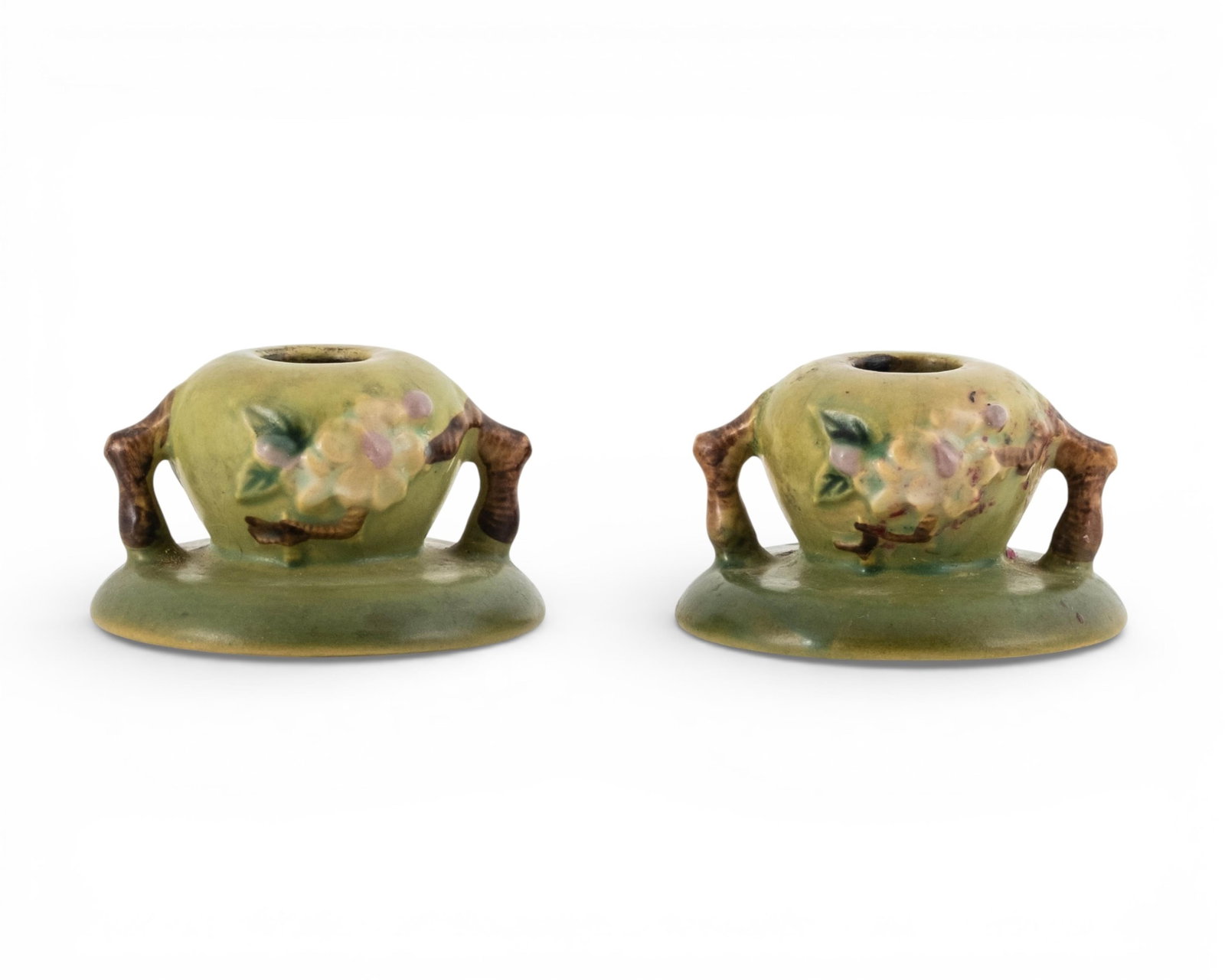No Reserve- Roseville Apple Blossom Art Pottery Candlesticks, Circa 1949, Pair - 3