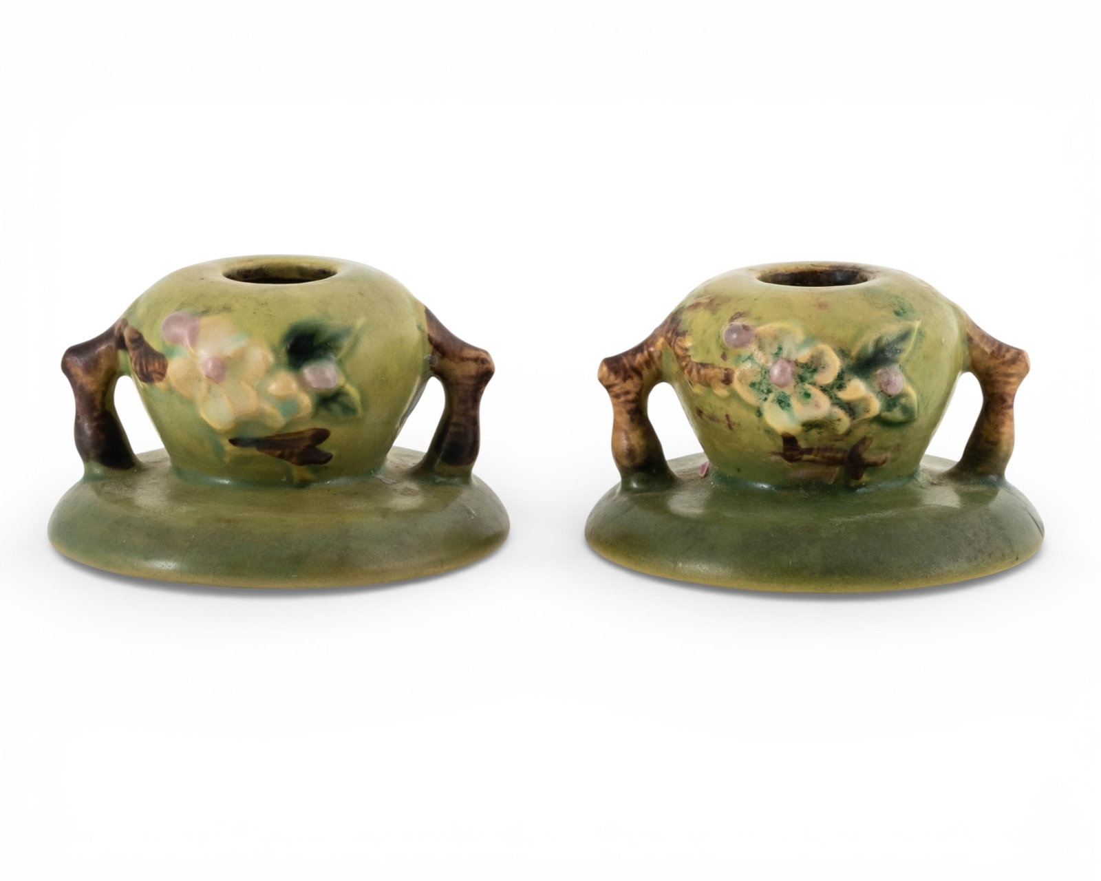 No Reserve- Roseville Apple Blossom Art Pottery Candlesticks, Circa 1949, Pair - 5