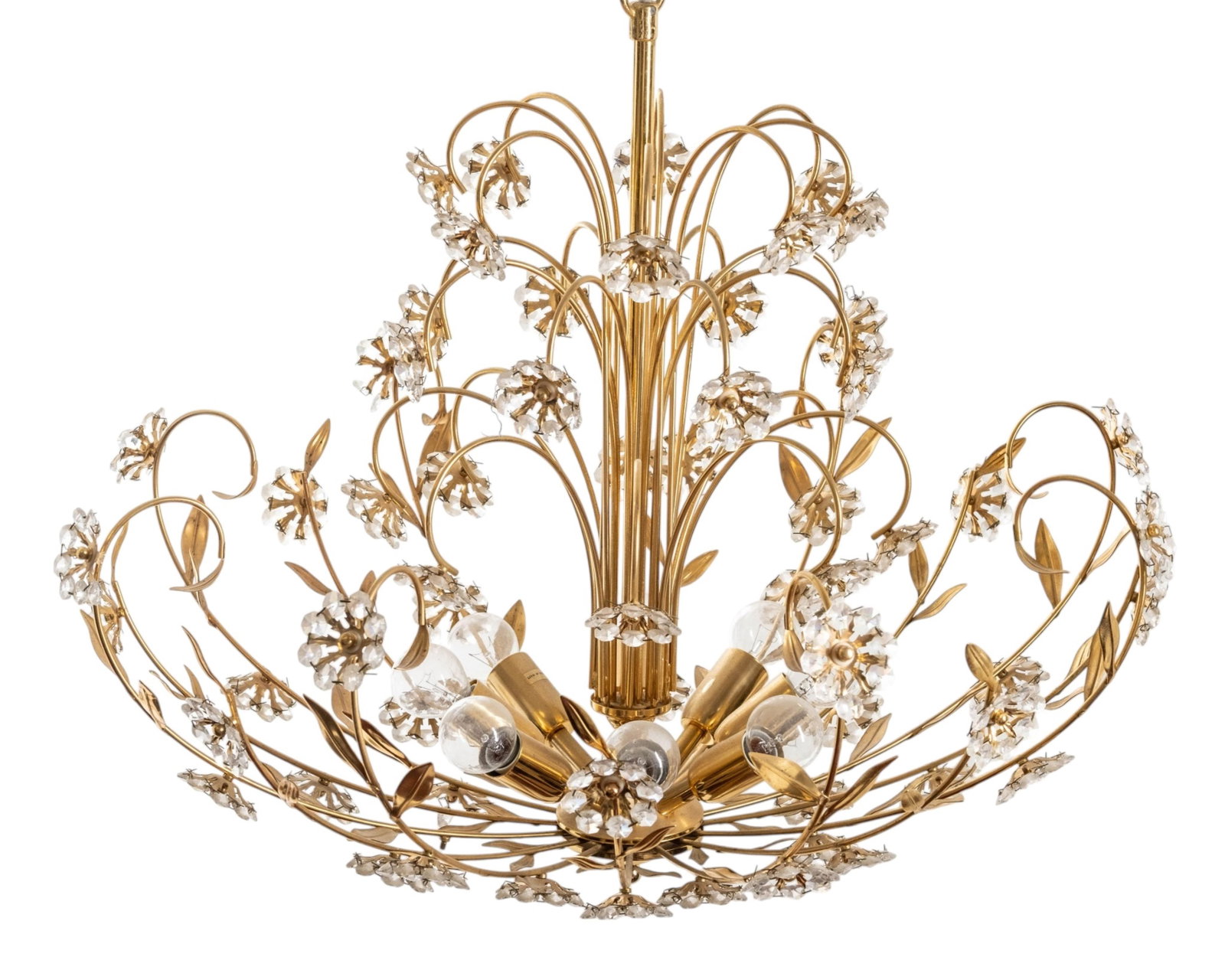 No Reserve- Italian Mid-Century Brass and Art Glass Floral Chandelier - 2