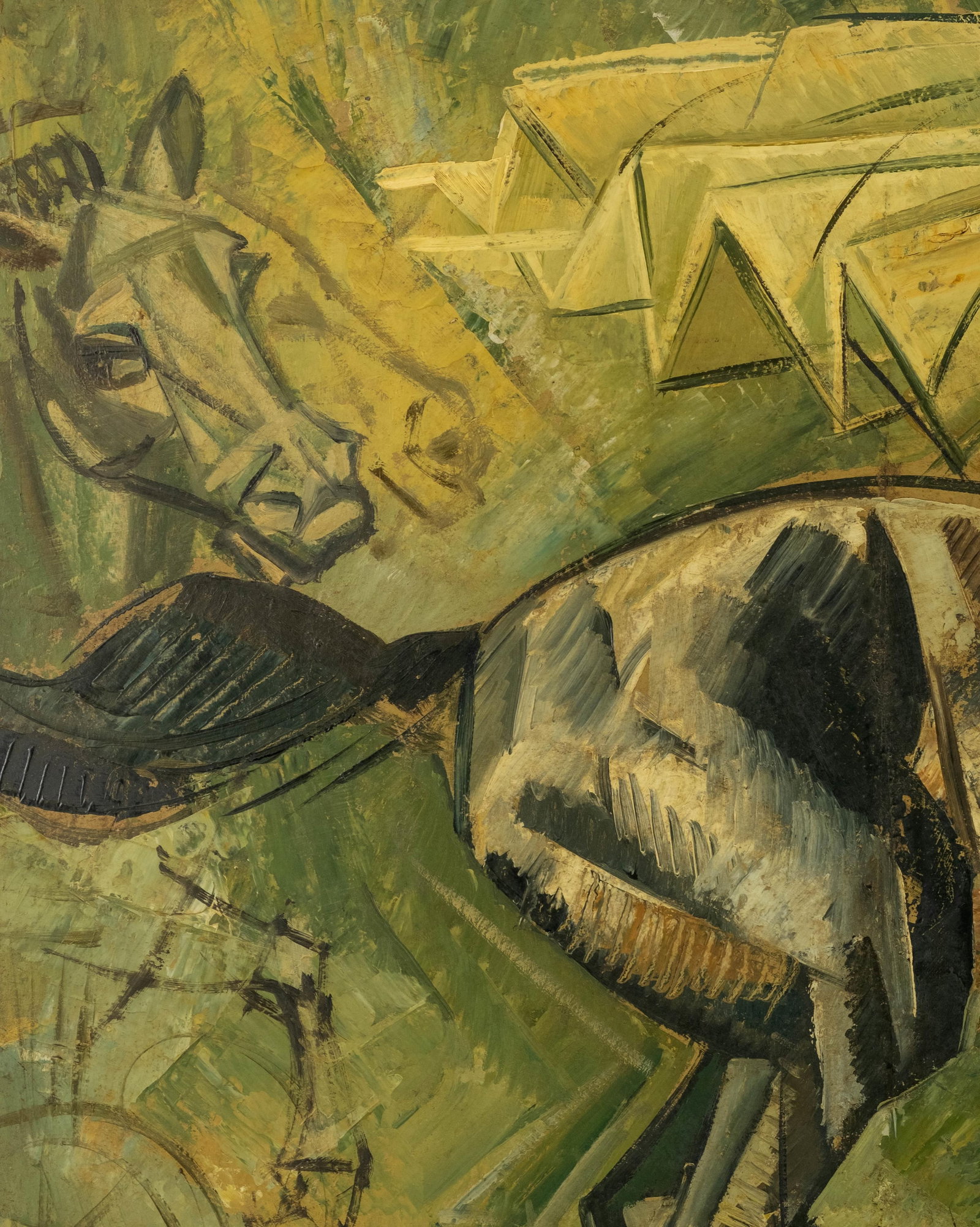 No Reserve- Russian Avant-Garde Cubist Horse and Rider Oil on Cardboard Painting, Signed Illegibly - 6