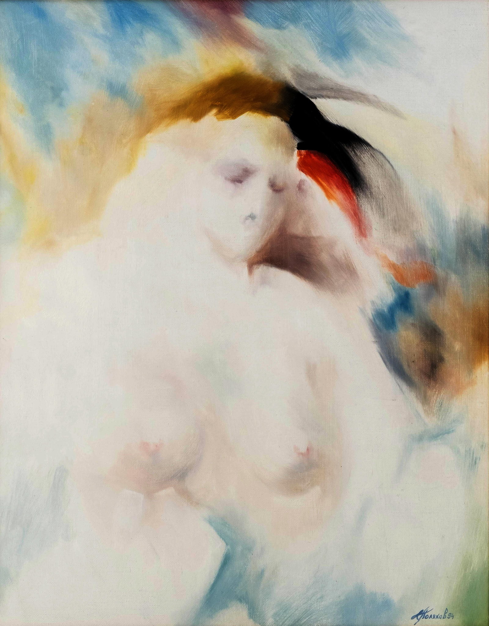 No Reserve- Serge Poliakoff Signed Abstract Nude Oil Painting dated '94: Keywords: Abstract Nude, Oil On Canvas, Figurative Painting, Contemporary Art, Female Figure, Color Field, Soft Palette, Framed Artwork, Signed Painting, 1994, Russian Style, Modernist Summary: Serge 
