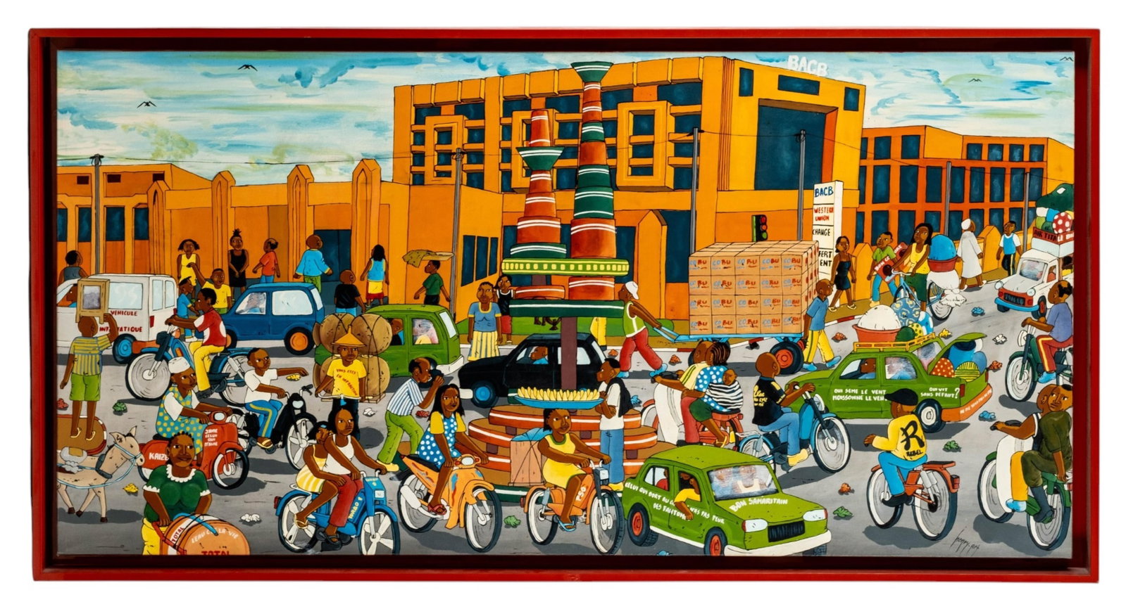 No Reserve- Signed Henry-Art African Urban Street Scene With Motorbikes And Market Figures, Oil - 3