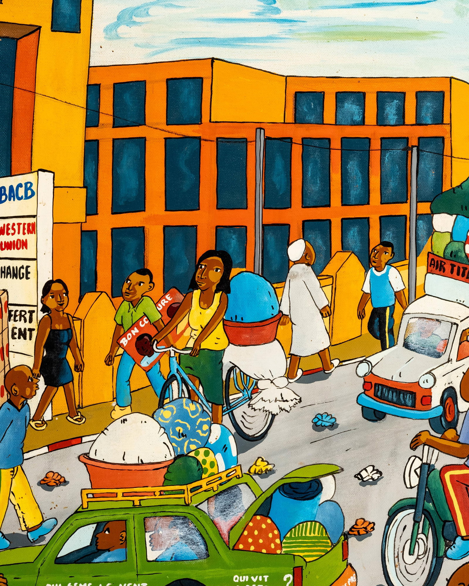 No Reserve- Signed Henry-Art African Urban Street Scene With Motorbikes And Market Figures, Oil - 5