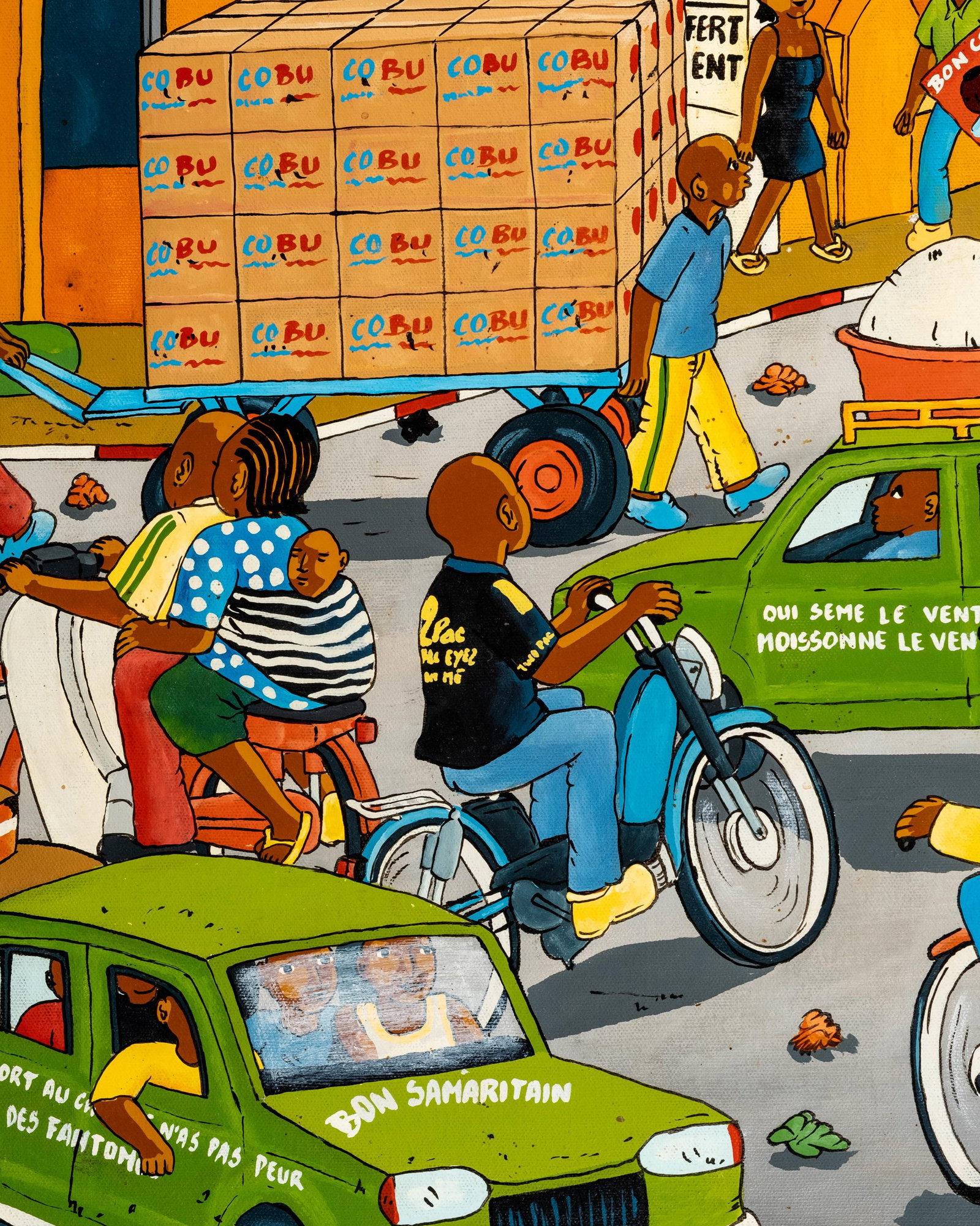 No Reserve- Signed Henry-Art African Urban Street Scene With Motorbikes And Market Figures, Oil - 6