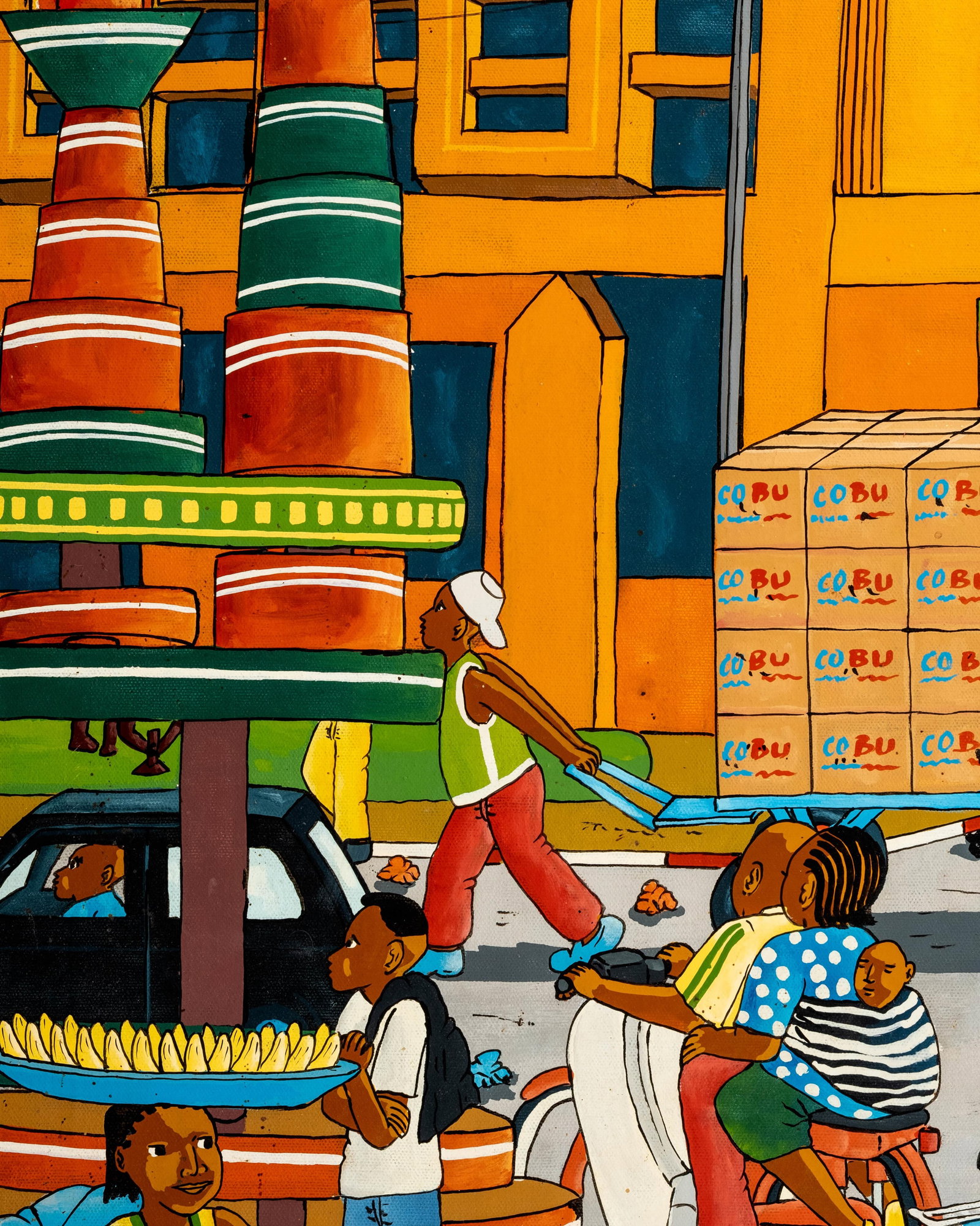 No Reserve- Signed Henry-Art African Urban Street Scene With Motorbikes And Market Figures, Oil - 7