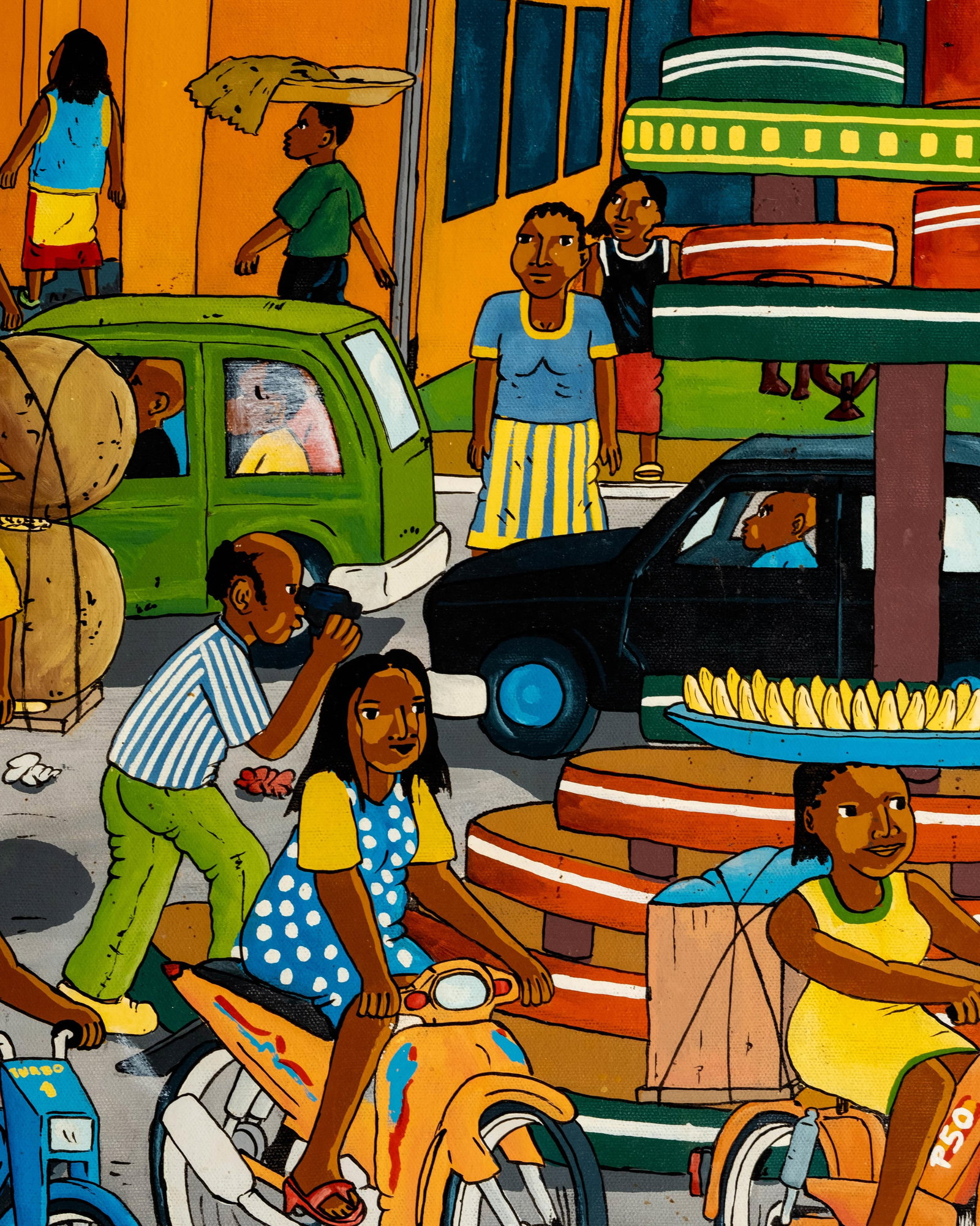 No Reserve- Signed Henry-Art African Urban Street Scene With Motorbikes And Market Figures, Oil - 8