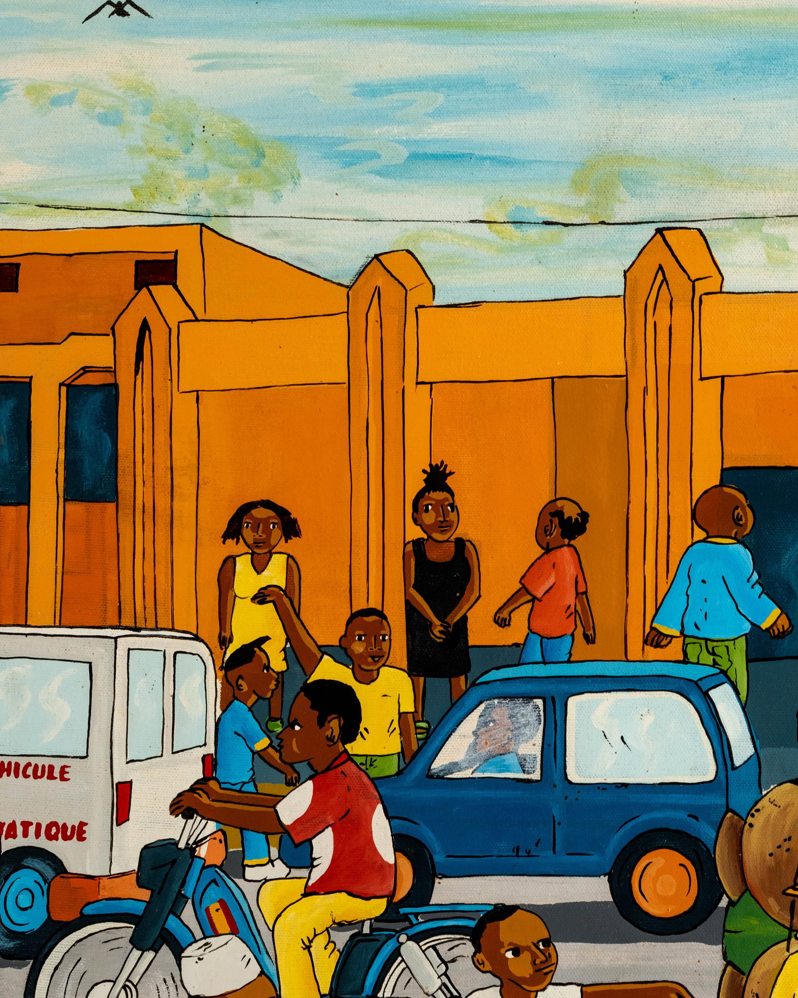 No Reserve- Signed Henry-Art African Urban Street Scene With Motorbikes And Market Figures, Oil - 9