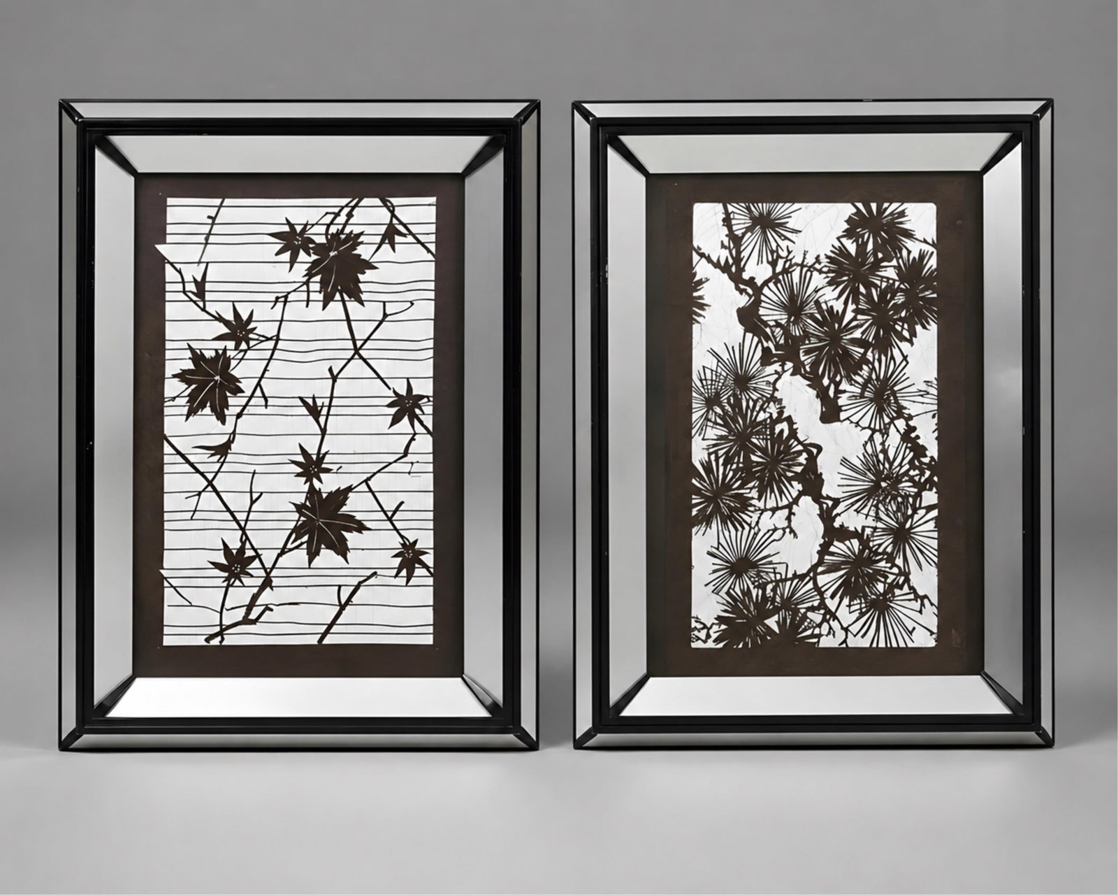 No Reserve- Pair Of Botanical Mirrored Paper Cut Artworks: Keywords: Art Nouveau, Floral Silhouette, Cut Paper, Tree Branches, Maple Leaves, Pine Needles, Chrome, Decorative Wall Art, Nature Motif, Contemporary Decor Summary: Intricately cut tree and floral s