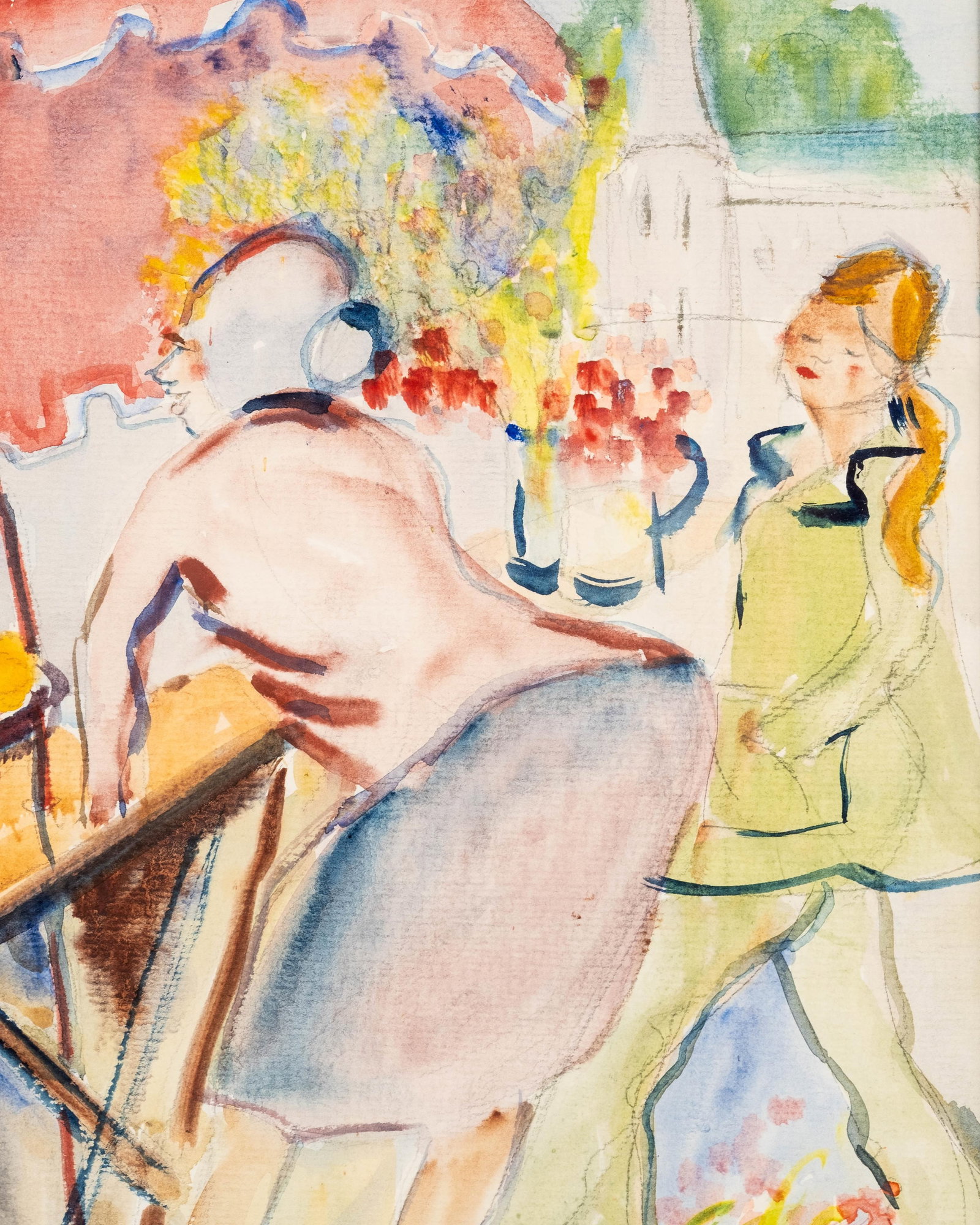 No Reserve- Herta signed Seaside Market Watercolor Painting, 20th Century - 7