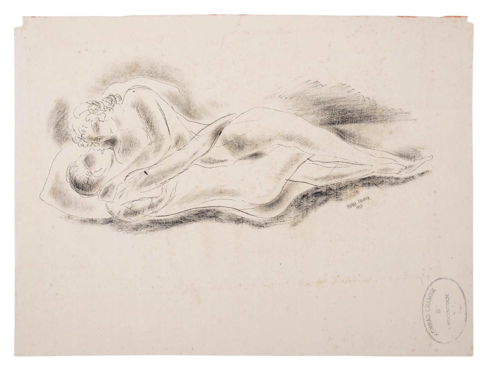 No Reserve- Konrad Cramer Pencil Signed 1933 Reclining Nude Charcoal Heightened Monoprint - 2