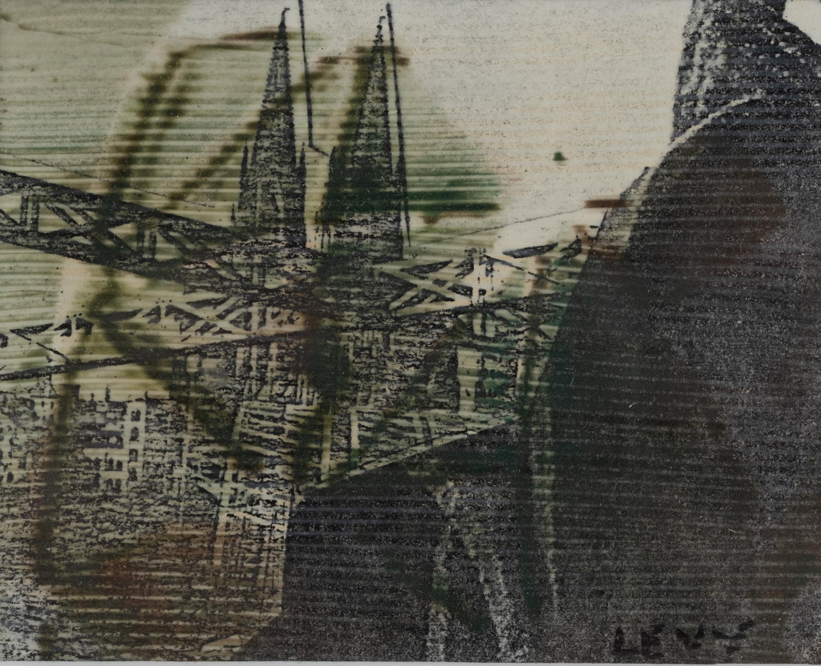 No Reserve- Signed Levy Framed Abstract Cityscape Etching - 2