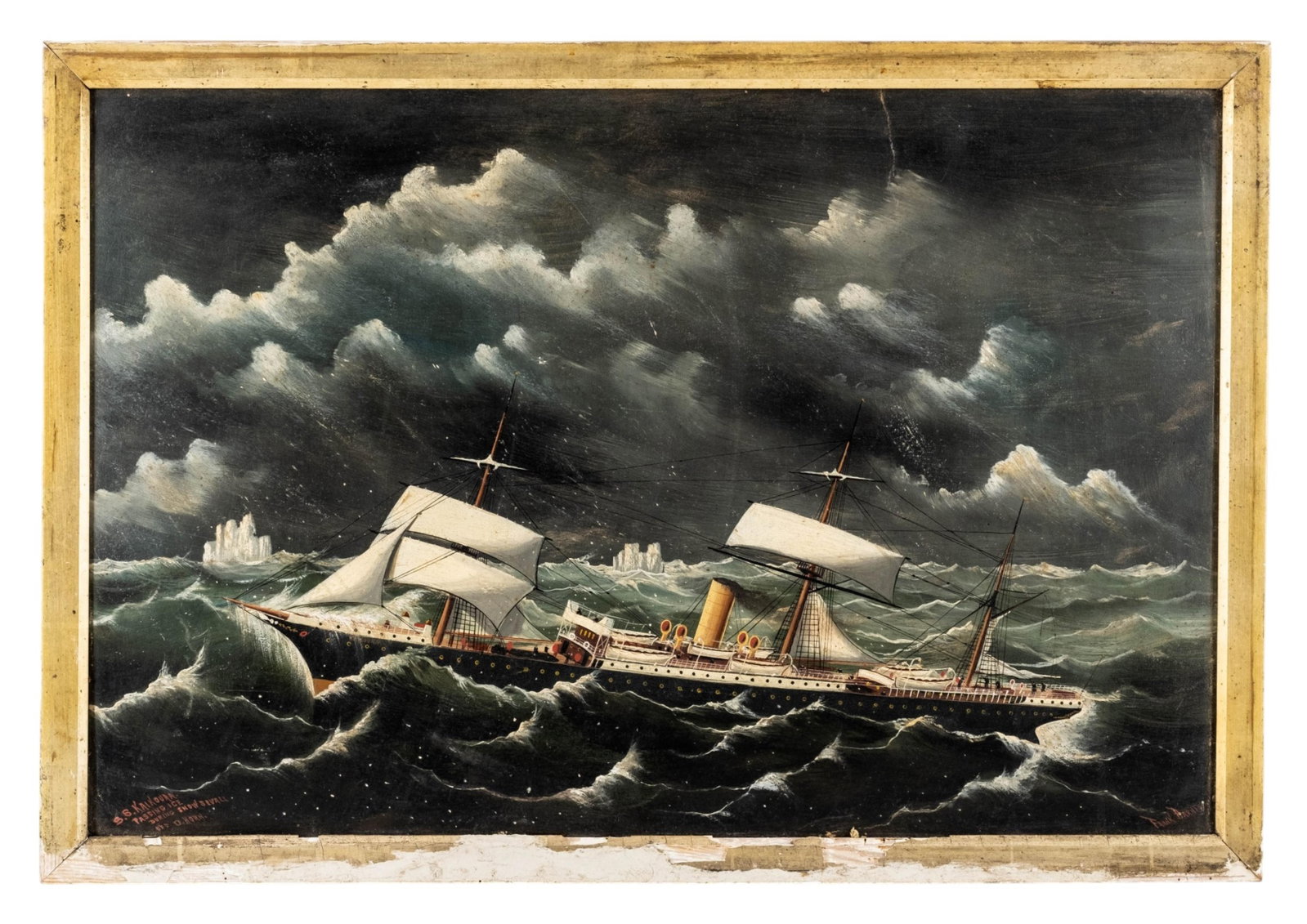 No Reserve- Frank Barnes Signed Maritime Oil Painting Of Steamship In Storm - 3